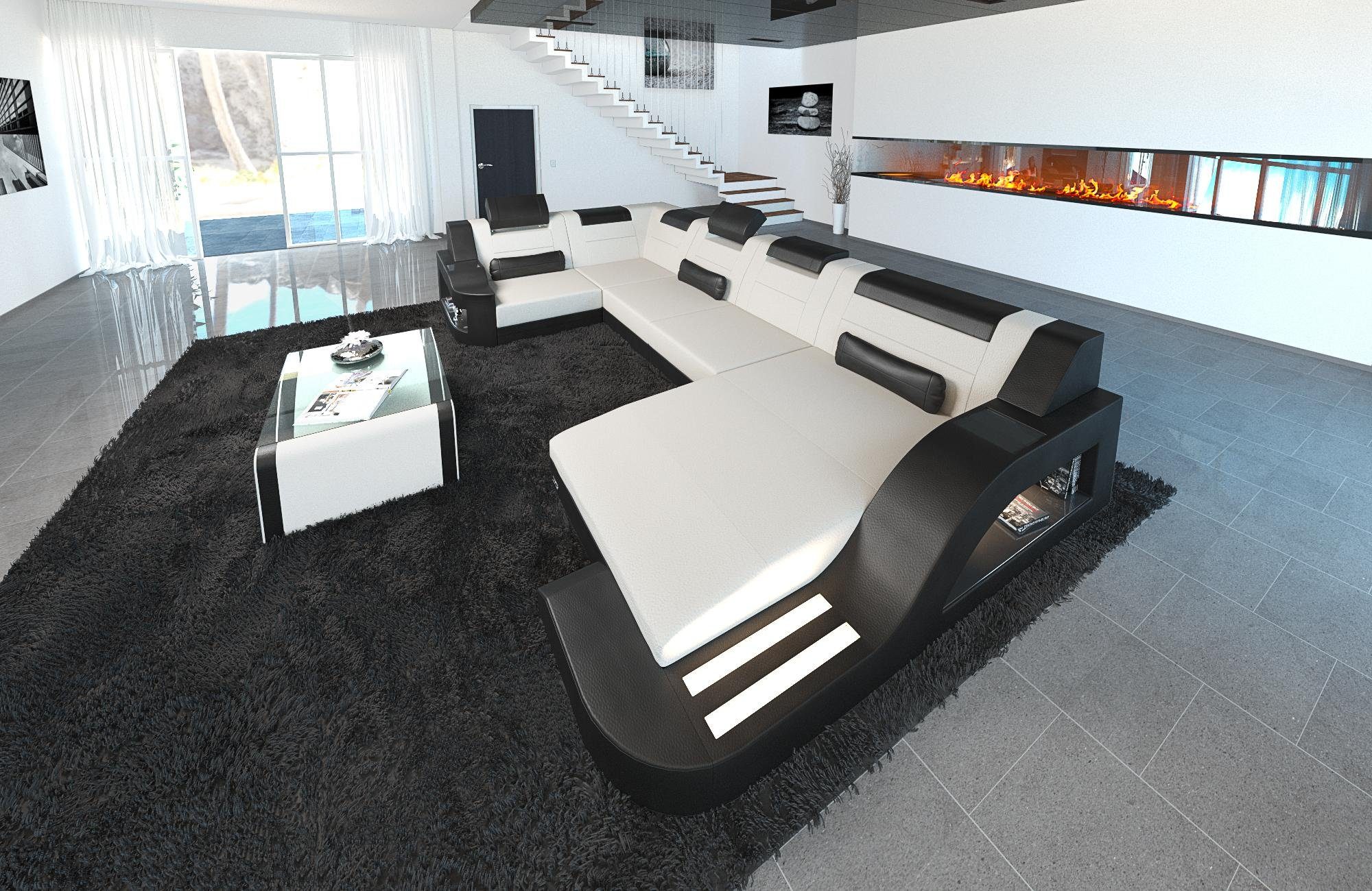 Sofa Dreams Wohnlandschaft Stoffsofa Couch Stoff Polster Palermo U Form Sofa, mit LED, ausziehbare Bettfunktion, USB-Anschluss, Designersofa