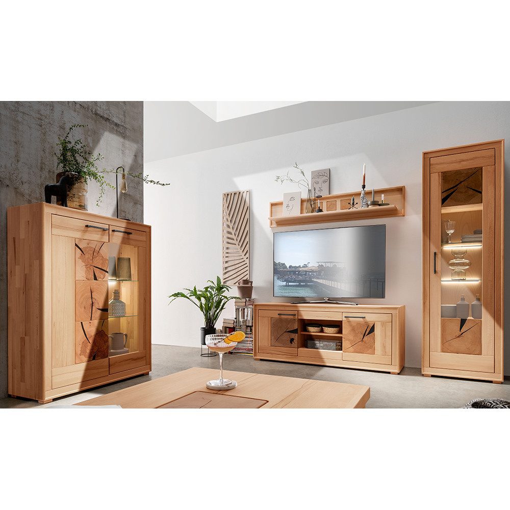 Lomadox Wohnwand WINNIPEG-69, (4-St., Highboard Wandboard Lowboard Vitrine), in Kernbuche massiv geölt mit Hirnholz-Details