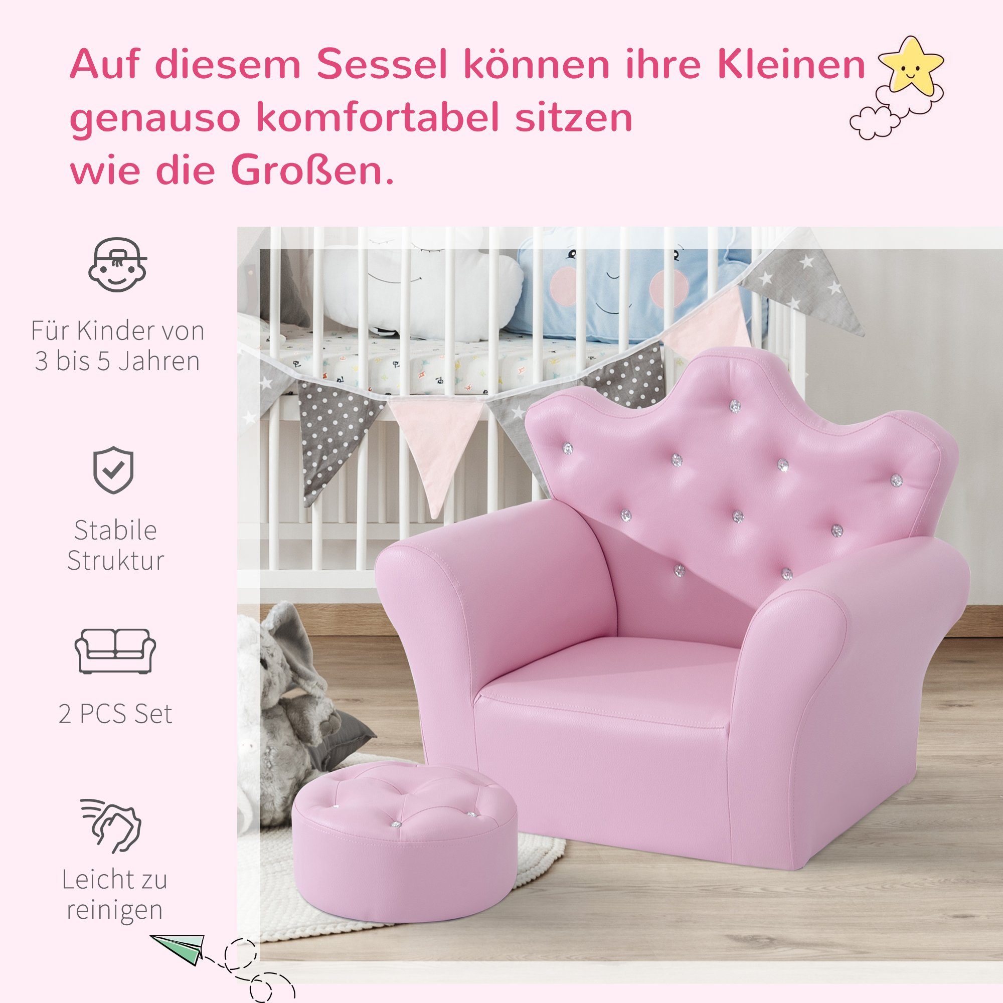 2-St., H49 (Set, mit x Sessel Kindercouch cm Kindersessel Kindersofa Hocker Kronenform), B40.5 Rosa mane HOMCOM L58 Prinzessinnen in x