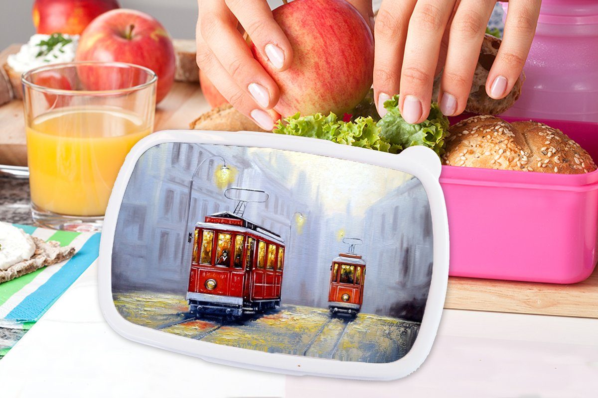 - rosa Brotdose Lunchbox Stadt Kinder, Snackbox, MuchoWow - Kunststoff Mädchen, - Kunststoff, Brotbox Öl, Straßenbahn (2-tlg), Gemälde Erwachsene, für