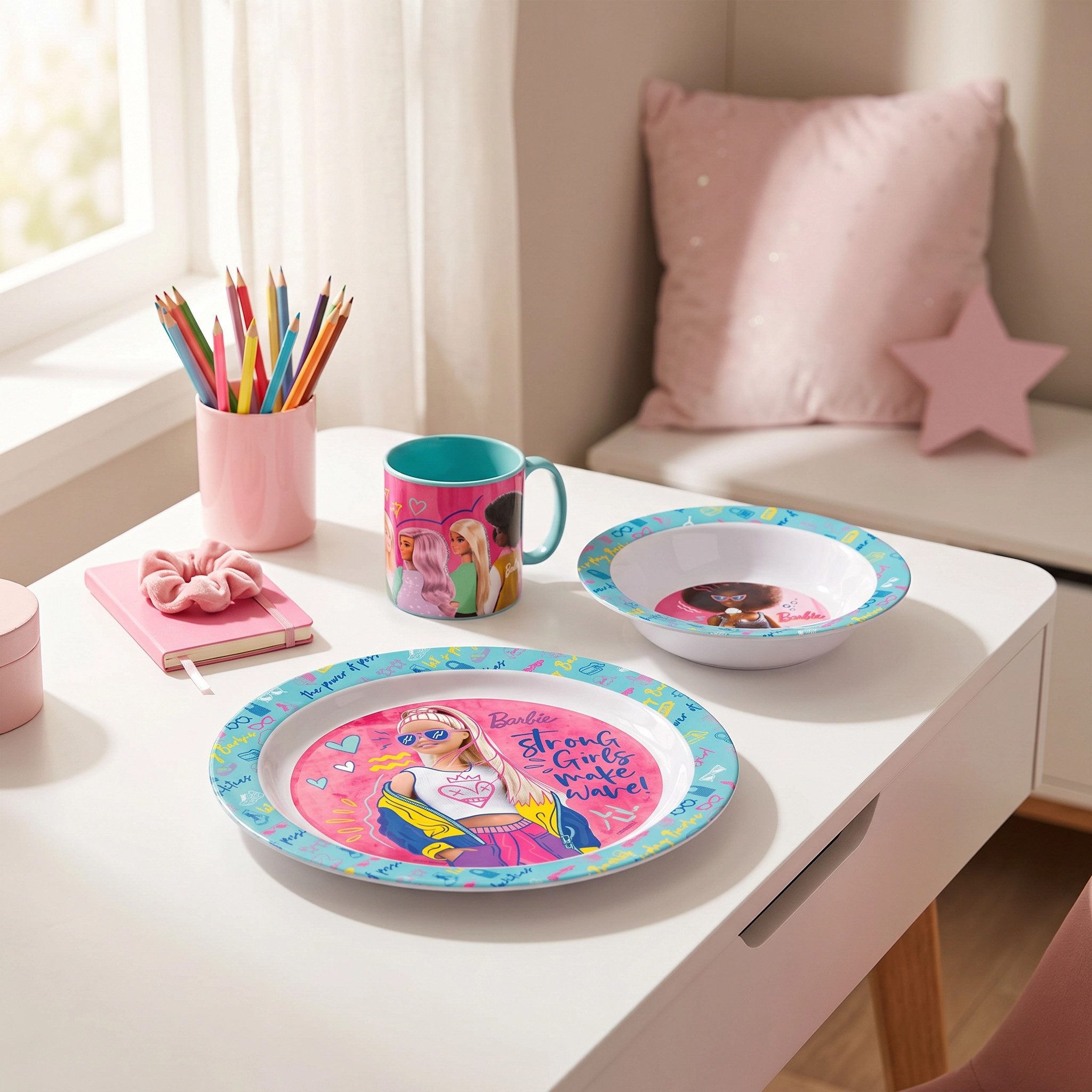 Barbie Kindergeschirr-Set Barbie Kinder 3 teiliges Frühstücks Set Teller und Schüssel und Becher (3-tlg), 1 Personen, Kunststoff