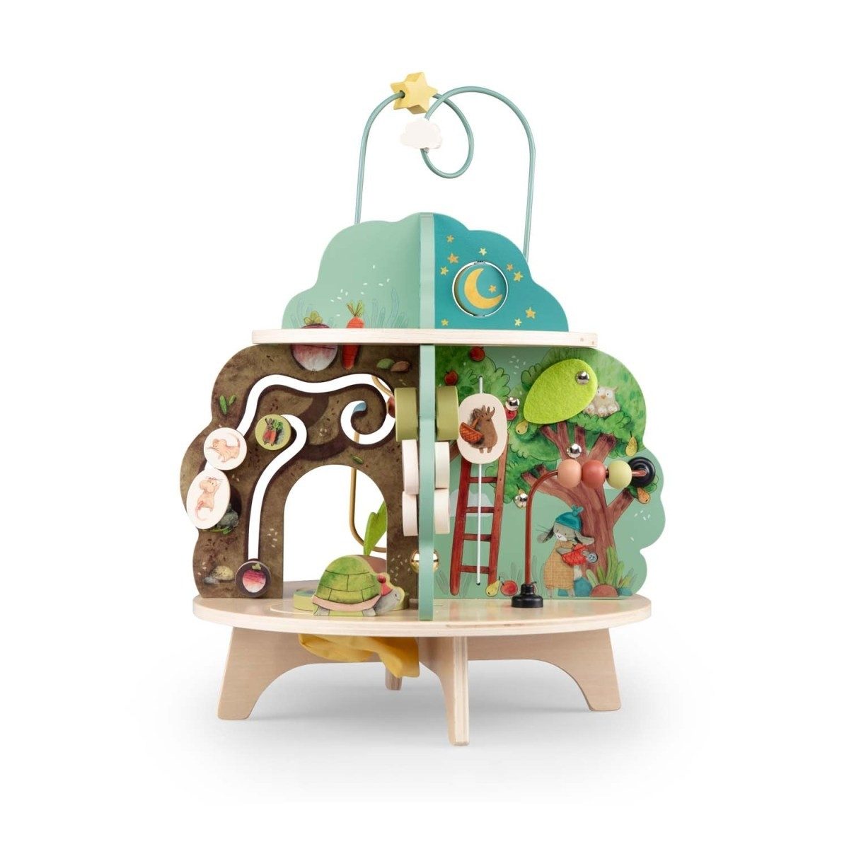 Moulin Roty Motorikschleife Trois Lapins Motorikspielzeug Garten Holz, Aktivitätenwürfel, ab 12 M.