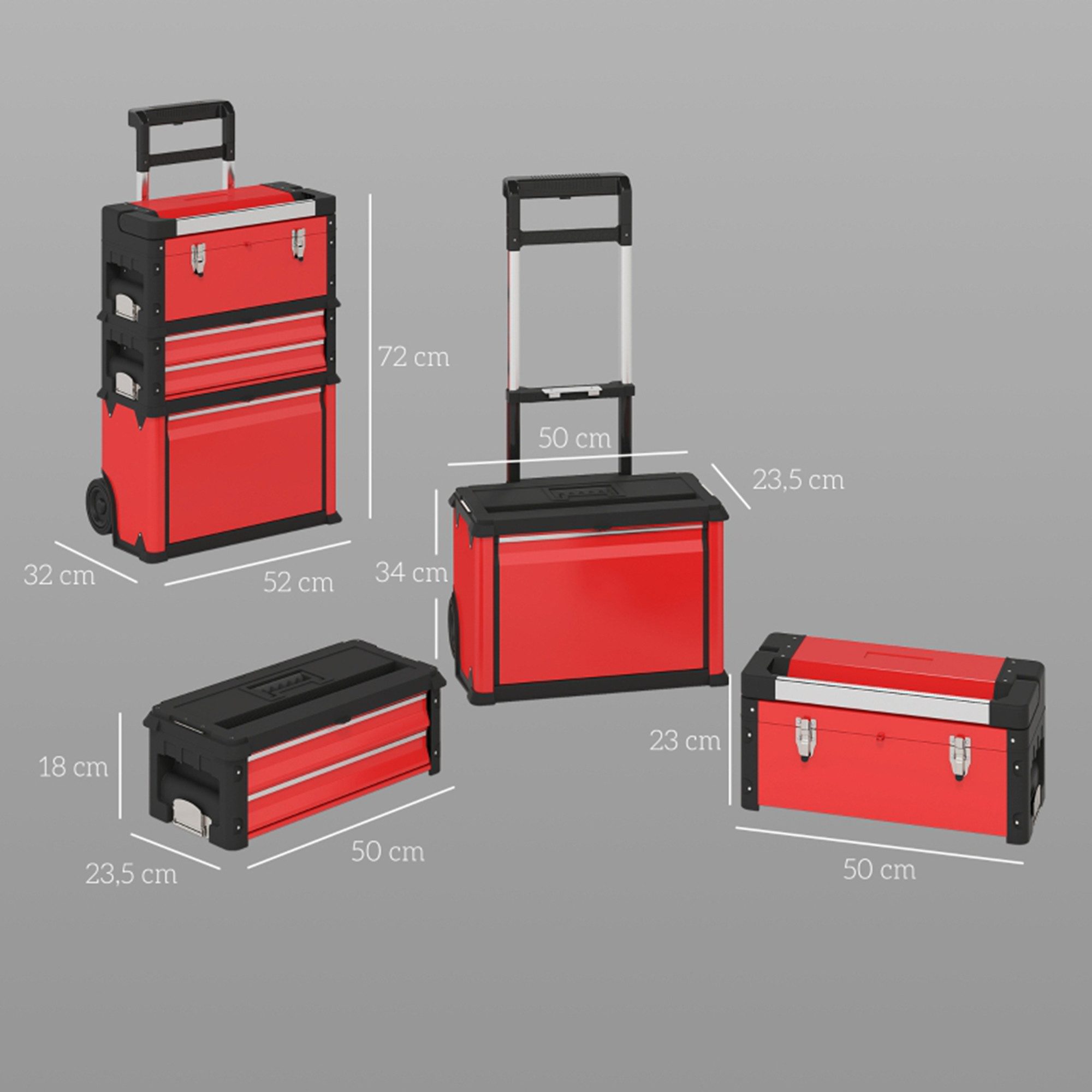 MC Star Werkstattwagen inkl. Koffer Werkzeugwagen leer mit 3 modularen Einheiten, (Rollwagen zur Werkzeugaufbewahrung, Werkzeugkasten mit Griff, Stahl, Rot)