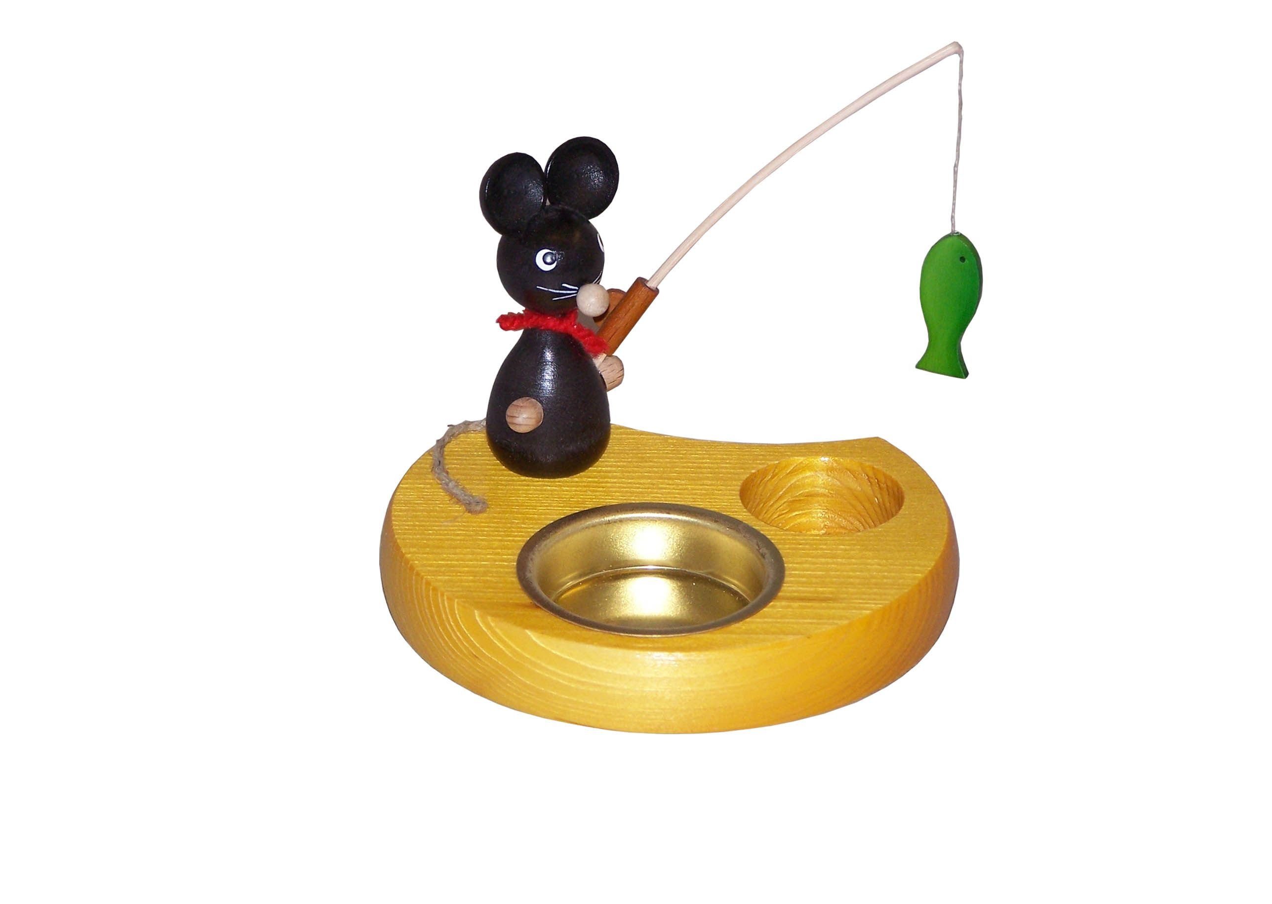 Teelichthalter Ganzjahresdekoration Maus mit Angel und Fisch Höhe 6cm NEU