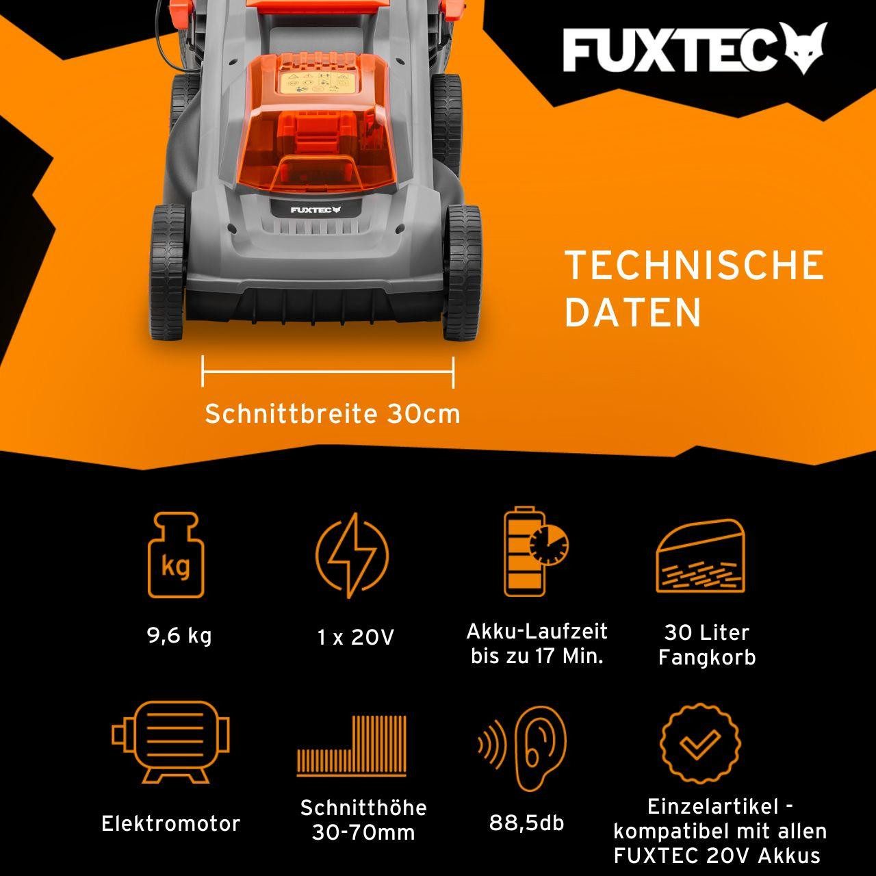 FUXTEC Akkurasenmäher FX-E1RM20ECO, 30 cm Schnittbreite, 30 cm Schnittbreite, 30 L Fangkorb, 20V Akku, 30-70mm, 9,6 kg