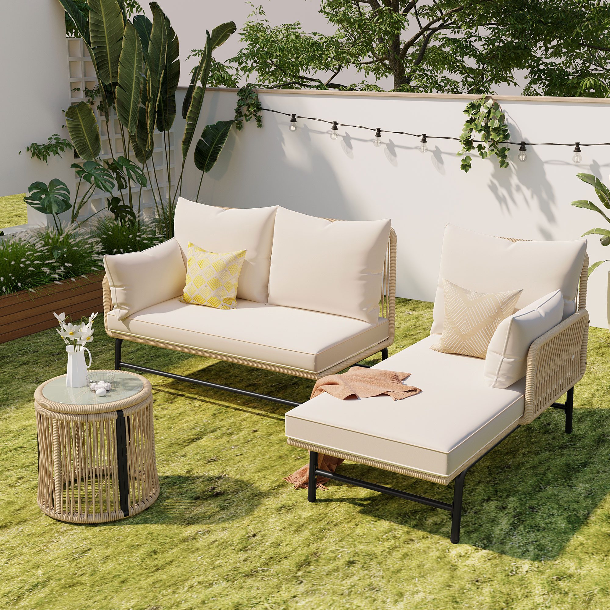 HAUSS SPOLE Gartenlounge-Set mit Eisengestell und Seilbezug, L-förmiges Lounge mit Tisch, Beige