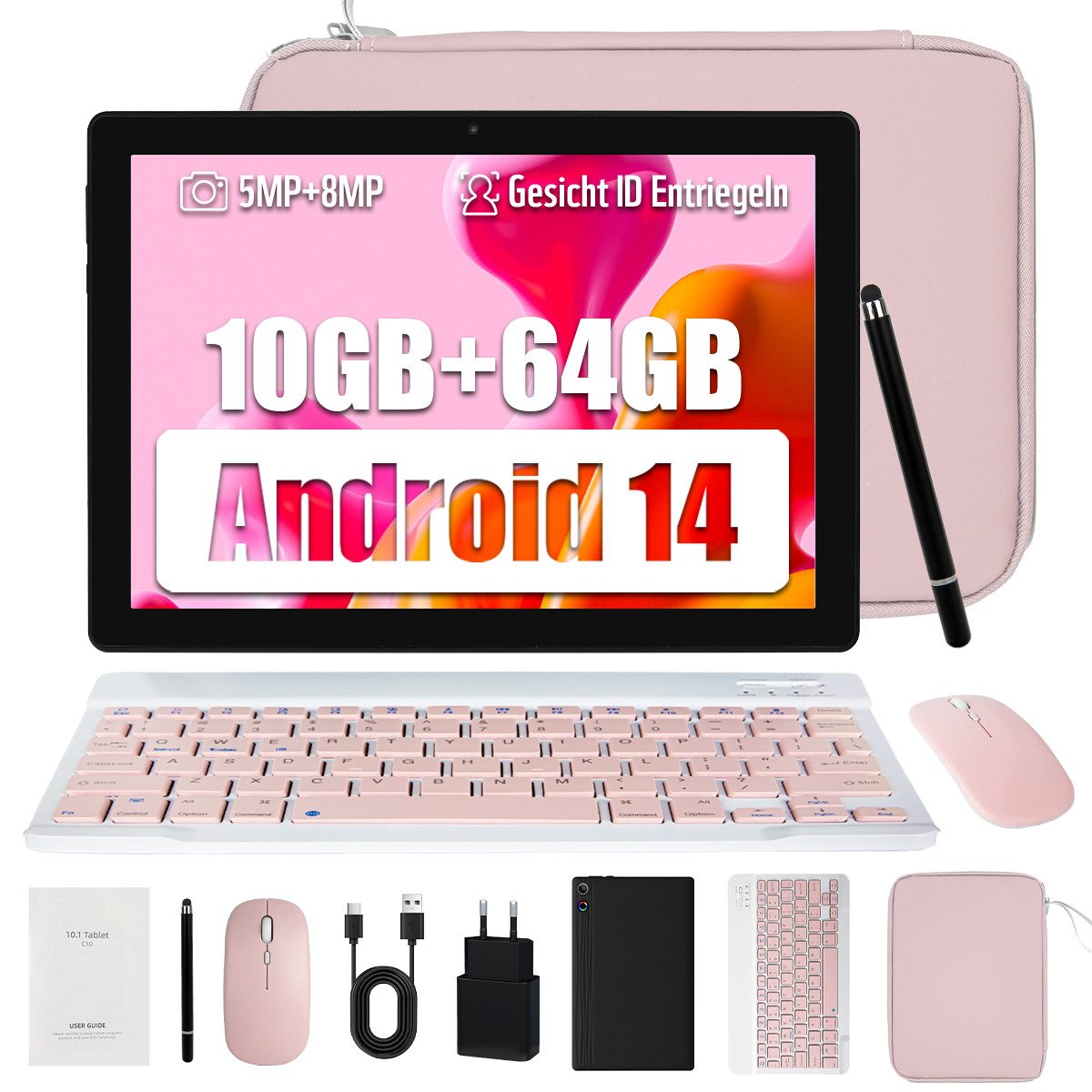 BUFO 10 Zoll Android 14 Octa-Core, 1280x800 IPS HD, 64GB, 5G WiFi Tablet (10", 64 GB, Andorid, 2,4G/5G WiFi, Android 14, mit Stift/Maus/Tastatur/Tasche, KI-Unterstützung)