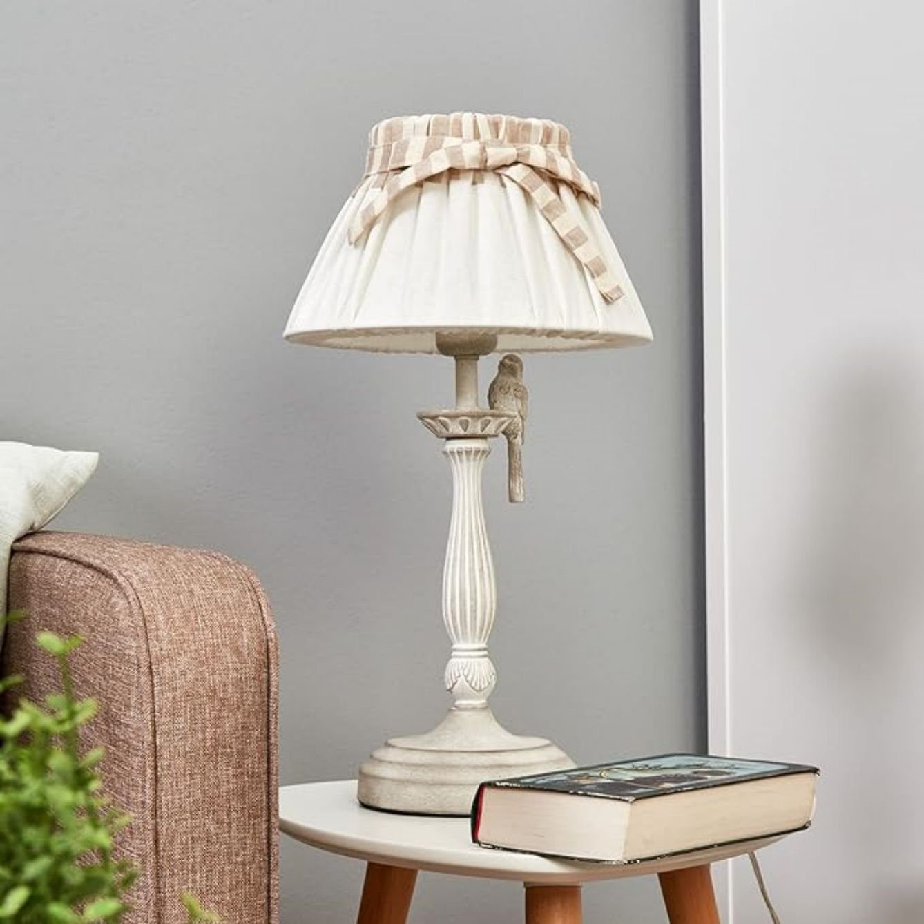 JDONG Nachttischlampe Vintage Tischleuchte mit Vogelschmuck, Leinenschirm mit Schleifchen, E27, 60W, Höhe 55 cm, Tischlampen für jeden Schreib- oder Nachttisch