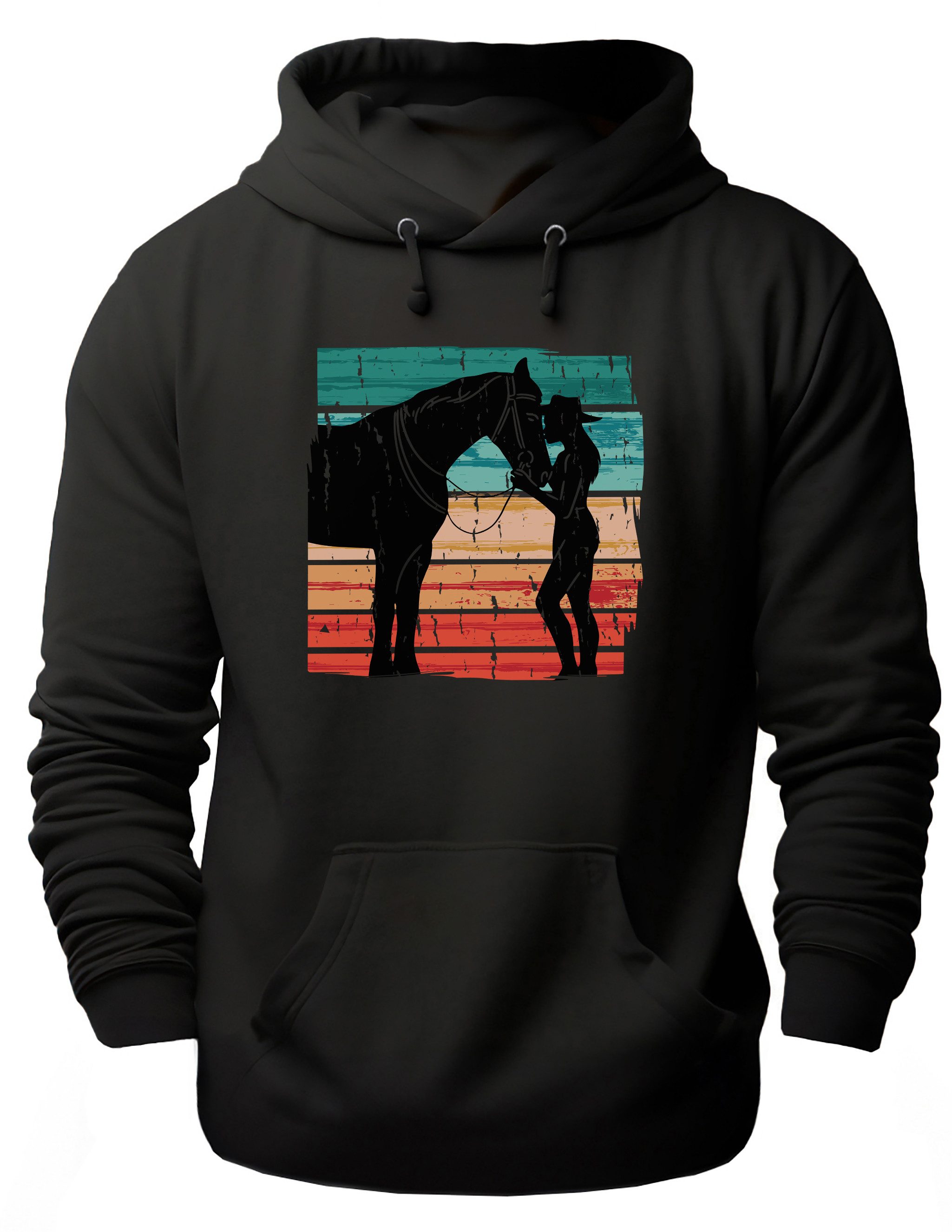 MyDesign24 Hoodie Pferde Kapuzen Pulli - Pferd und Frau mit Cowboyhut Herren und Damen Kapuzensweater i135