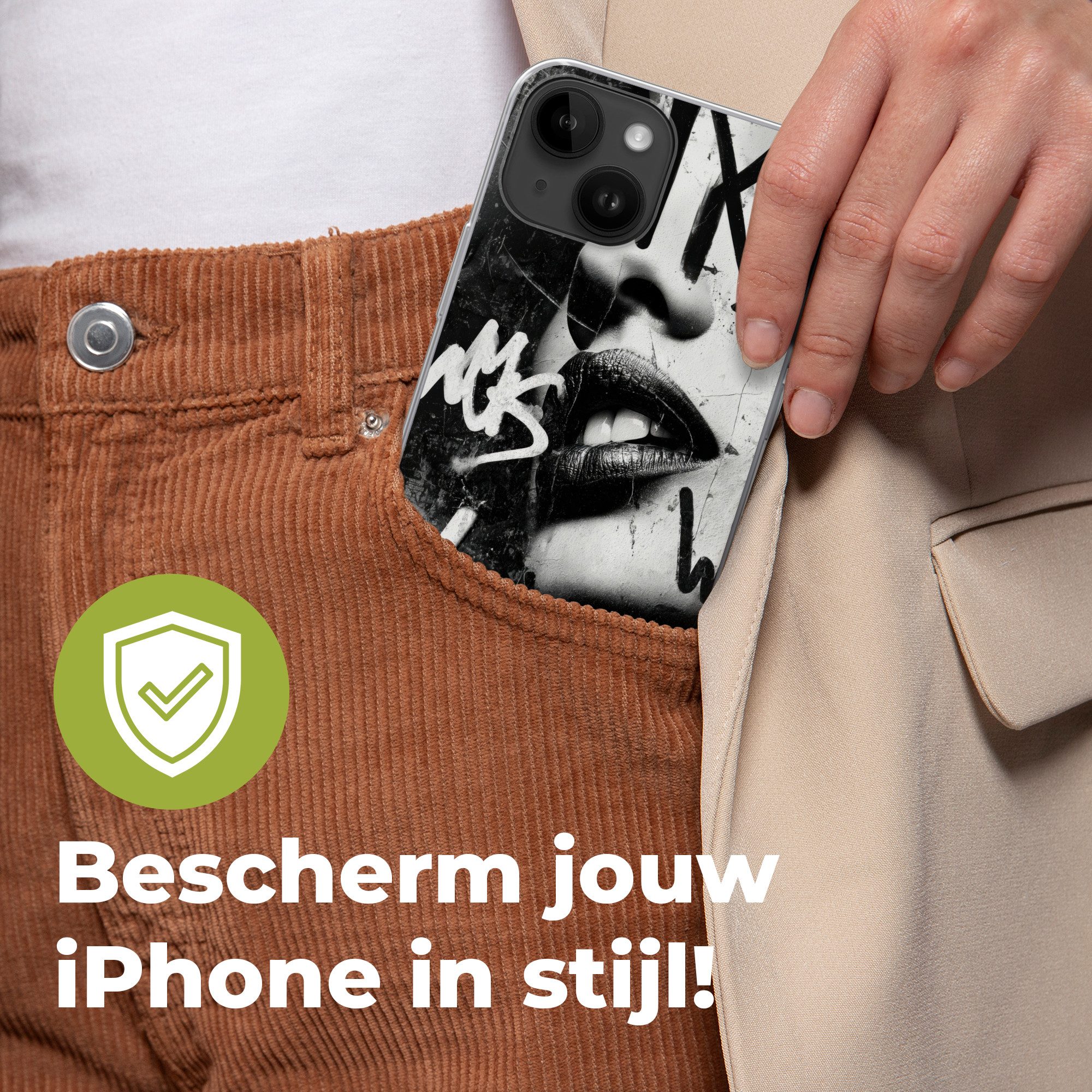 MuchoWow Handyhülle für Apple iPhone 14 Gesicht - Mund - Graffiti - Schwarz, Smartphone-Bumper, Print, Handy Schutzhülle Dünn