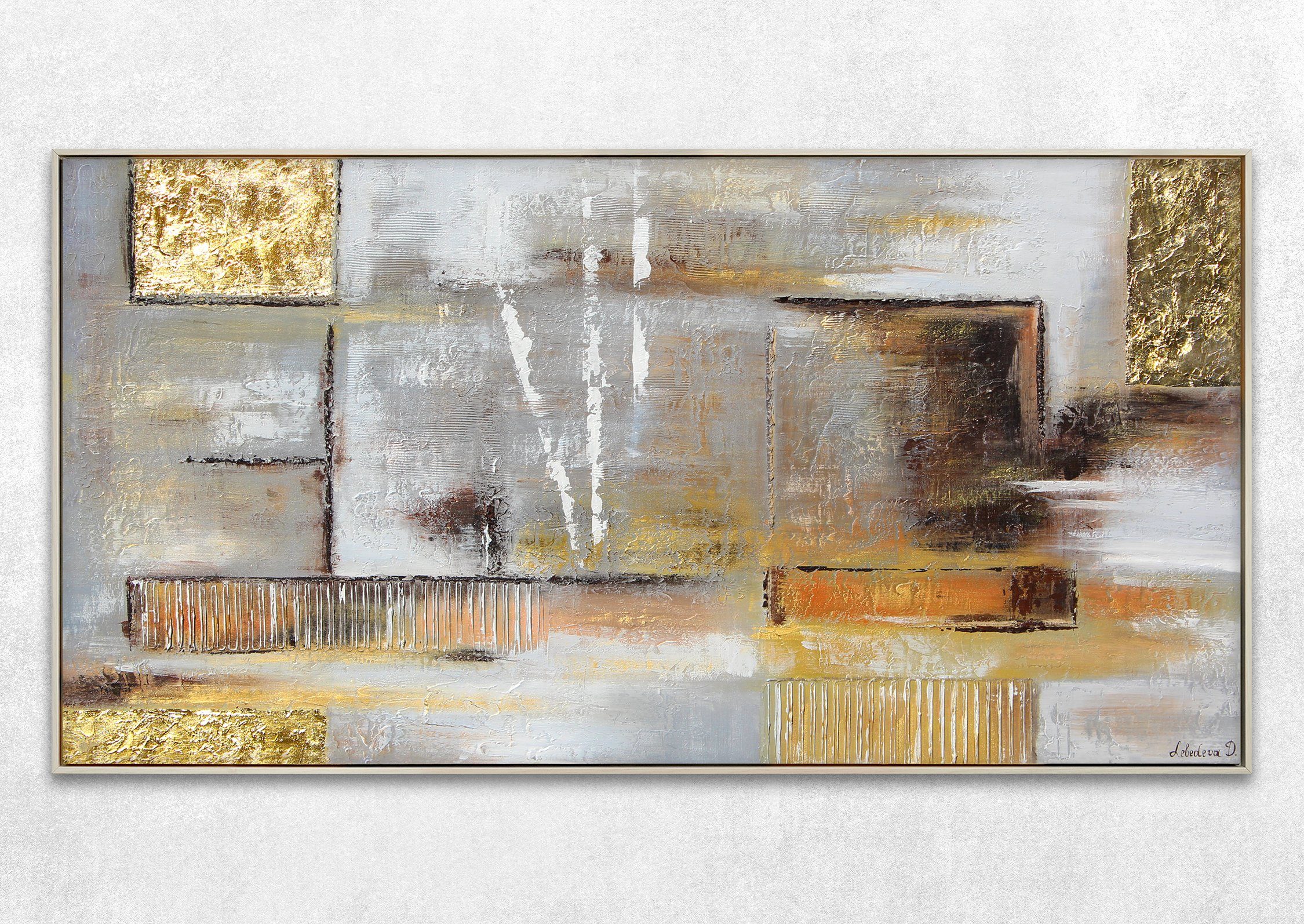YS-Art Gemälde Goldene Abstraktion, Abstraktion, Handgemalt Abstrakt Mit Köstchen Gold auf Rahmen Leinwand Beige in