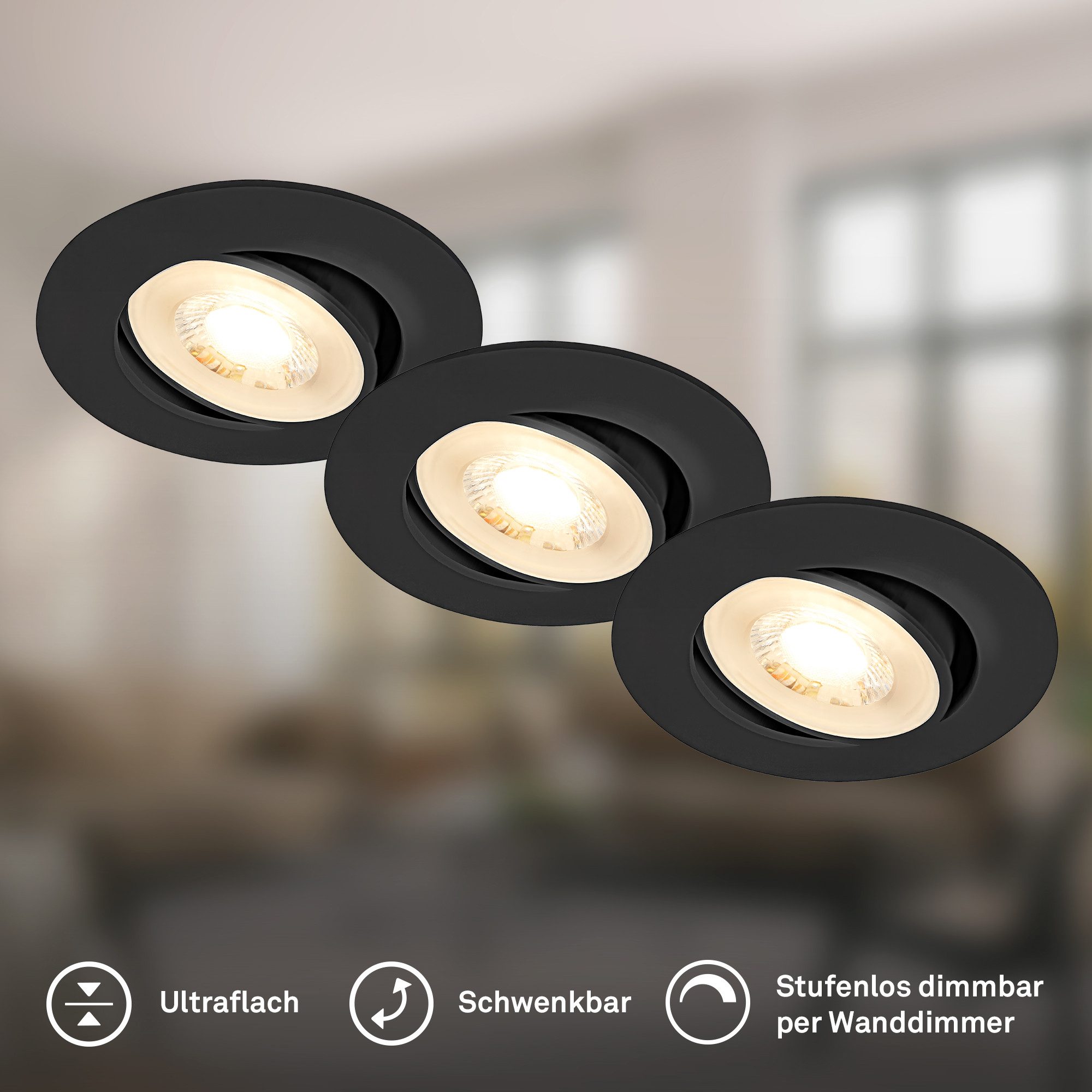Briloner Leuchten LED Einbauleuchte Einbaustrahler 3er Set Dimmbar Schwenkbar, Dimmbar, LED fest integriert, Warmweiß, 90x24 mm, Wohnzimmer, Flur