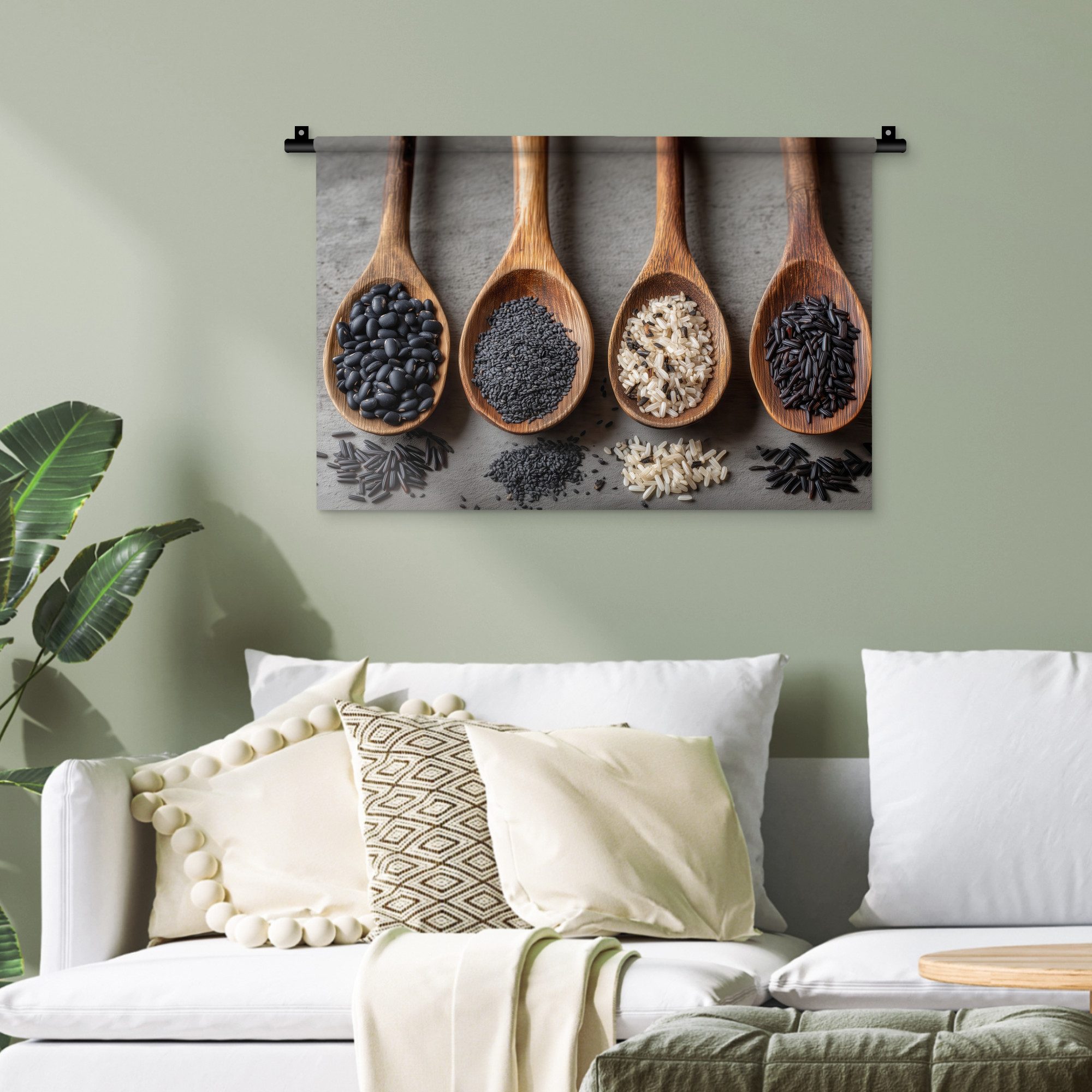 MuchoWow Wandteppich Holz - Löffel - Reis - Saatgut, Rechteckig, Höhe: 3 mm, Wandteppich für Wohnzimmer, Schlafzimmer, 60x40 cm