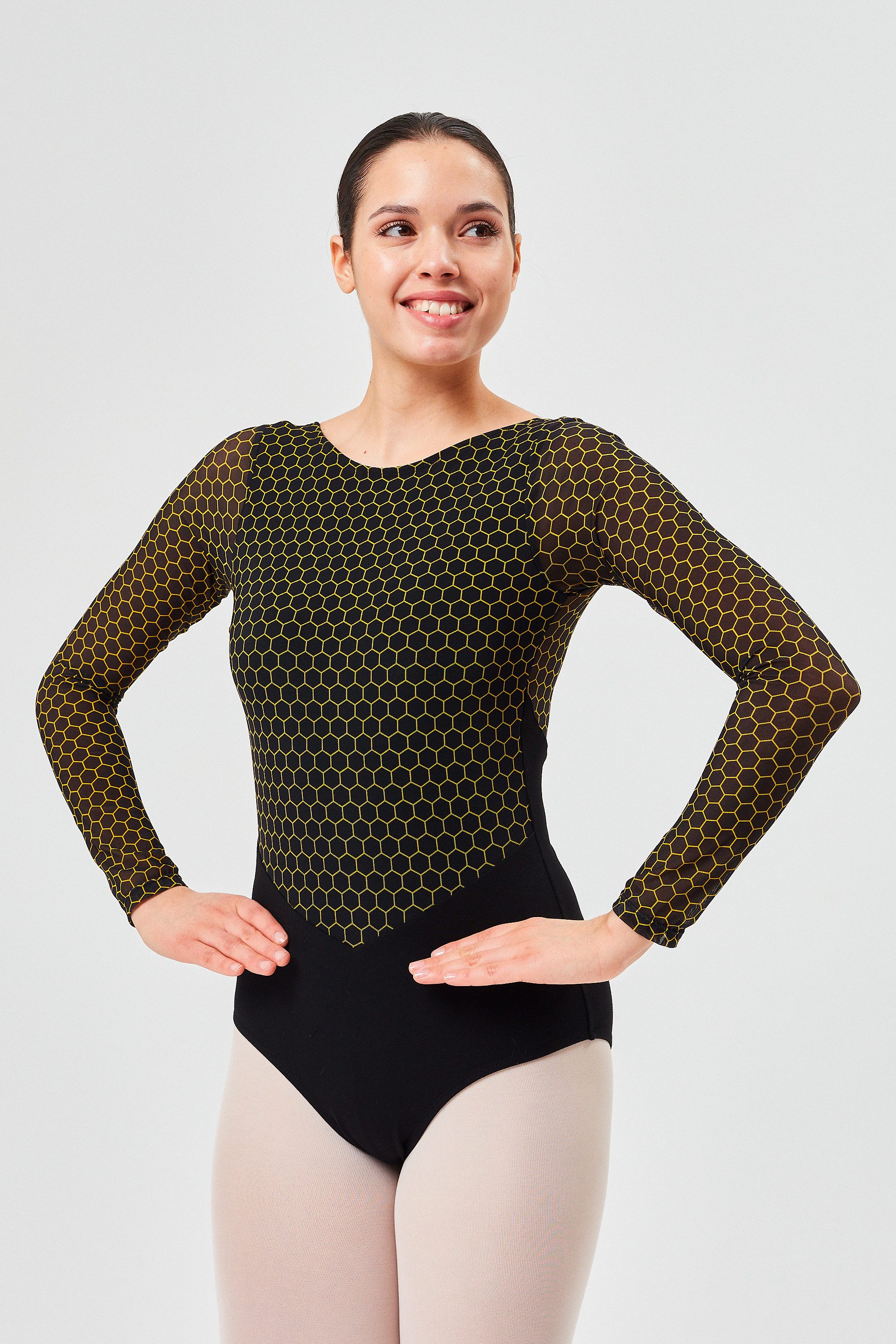 tanzmuster Body Langarm Damen Ballett Trikot Bianca Tanzbody mit Mesh Einsätzen