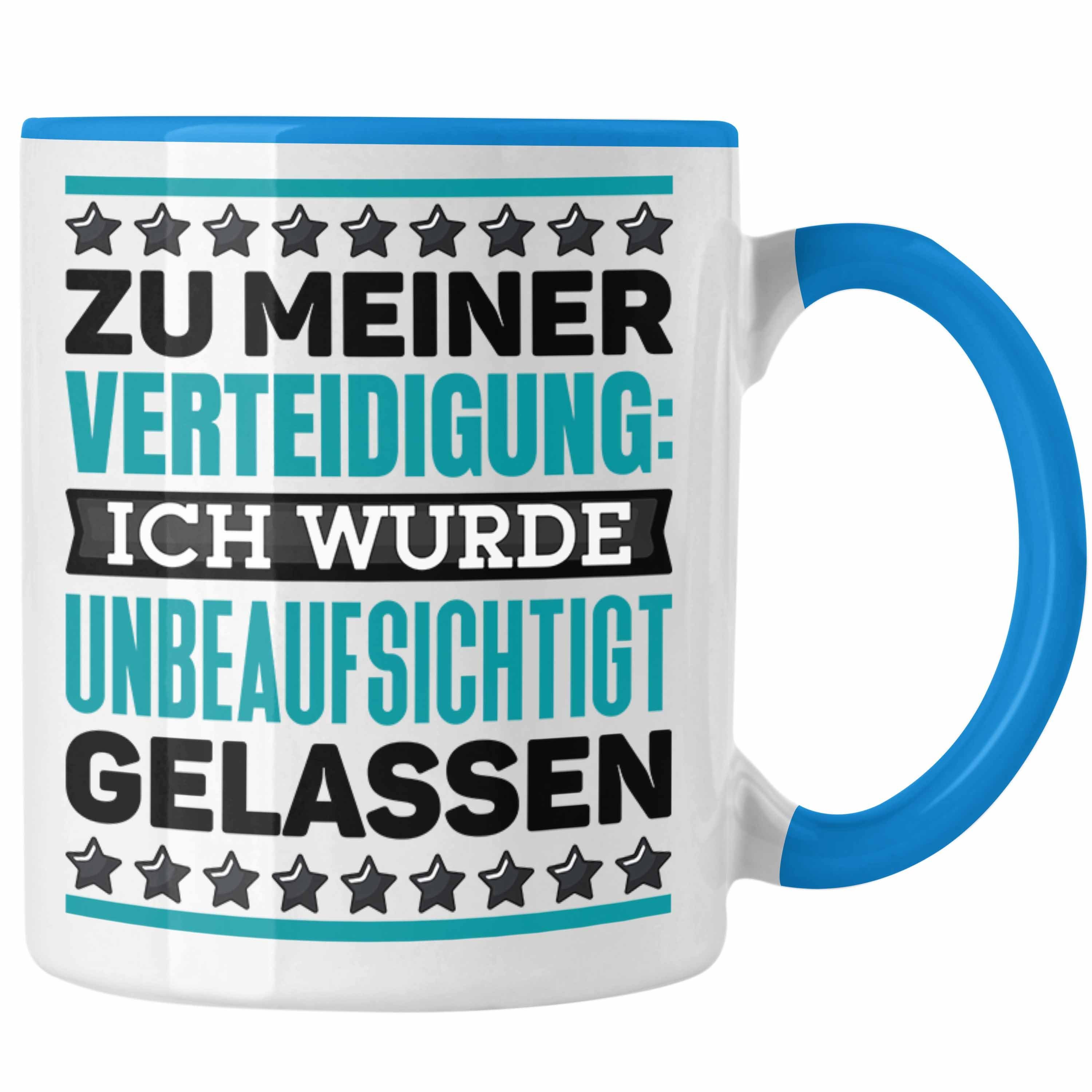 Trendation Tasse Lustiger Spruch Kaffee-Becher Tasse Beinahe Zu Meiner Verteidigung Ich Blau