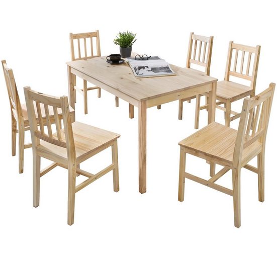 FINEBUY Esstisch »FB47649«, Esszimmer-Set EMILIO 7 teilig Kiefer-Holz
