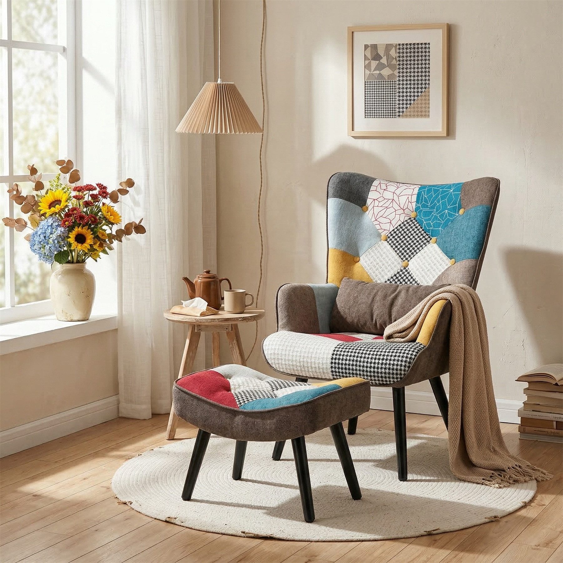 HomeMiYN Ohrensessel Relaxsessel Lehnstühle Patchwork Ohrensessel mit Hocker lesesessel, Chair