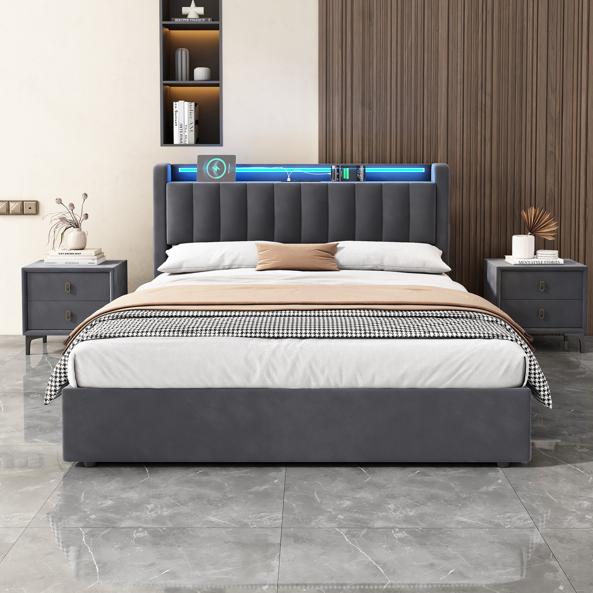 HAUSS SPOLE Polsterbett 90×200 mit bettkasten und Steckdosen Boxspringbett mit LED-Licht