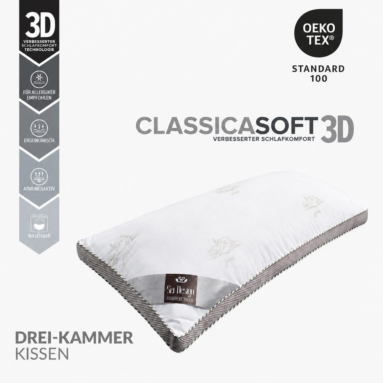 SEI Design Kopfkissen Drei-Kammerkissen Classica Soft 3D 40x80 SWAN Schlafkissen, Füllung: Airdream micro, Bezug: Microfaser, Seitenschläfer, Bauchschläfer, Rüc – Bild 4 von 5