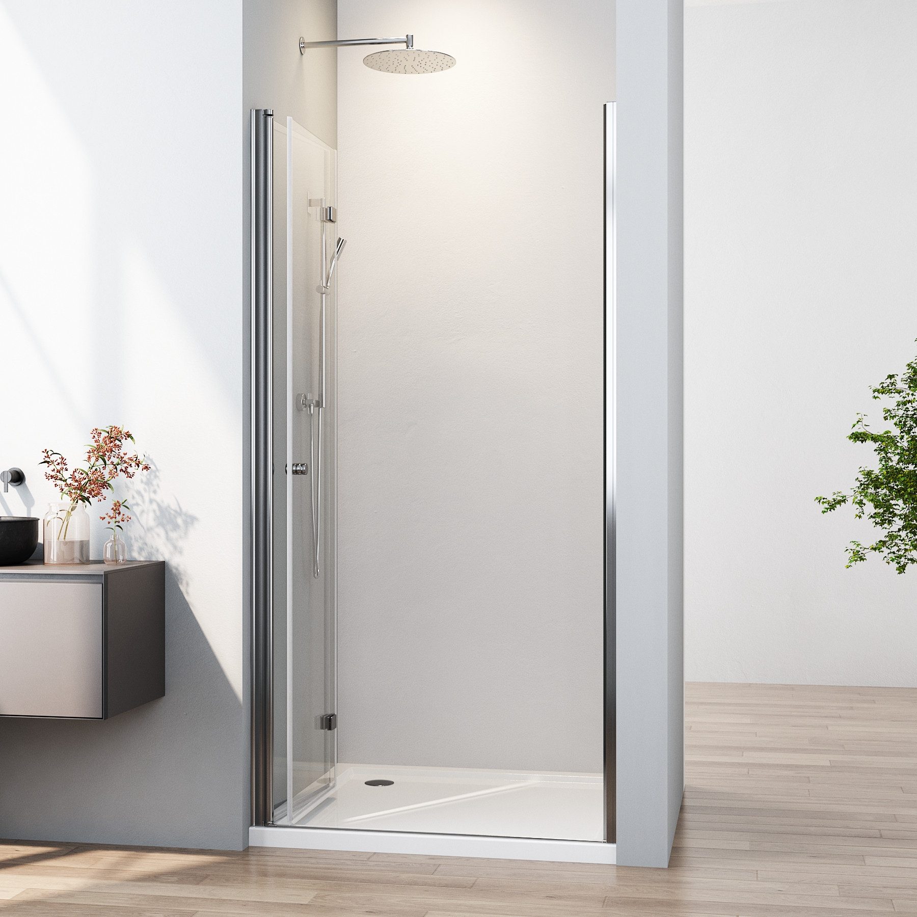 GOEZES Dusch-Falttür Duschtür Nische Nischentür für Duschkabine Pendeltür Duschwand faltbar, 75x185 cm, Sicherheitsglas, Alusprofile, Magnetdichtleisten, (Glastür, 180º faltbar Drehfalttür) mit Hebe-/Senkfunktion, links und rechts montierbar