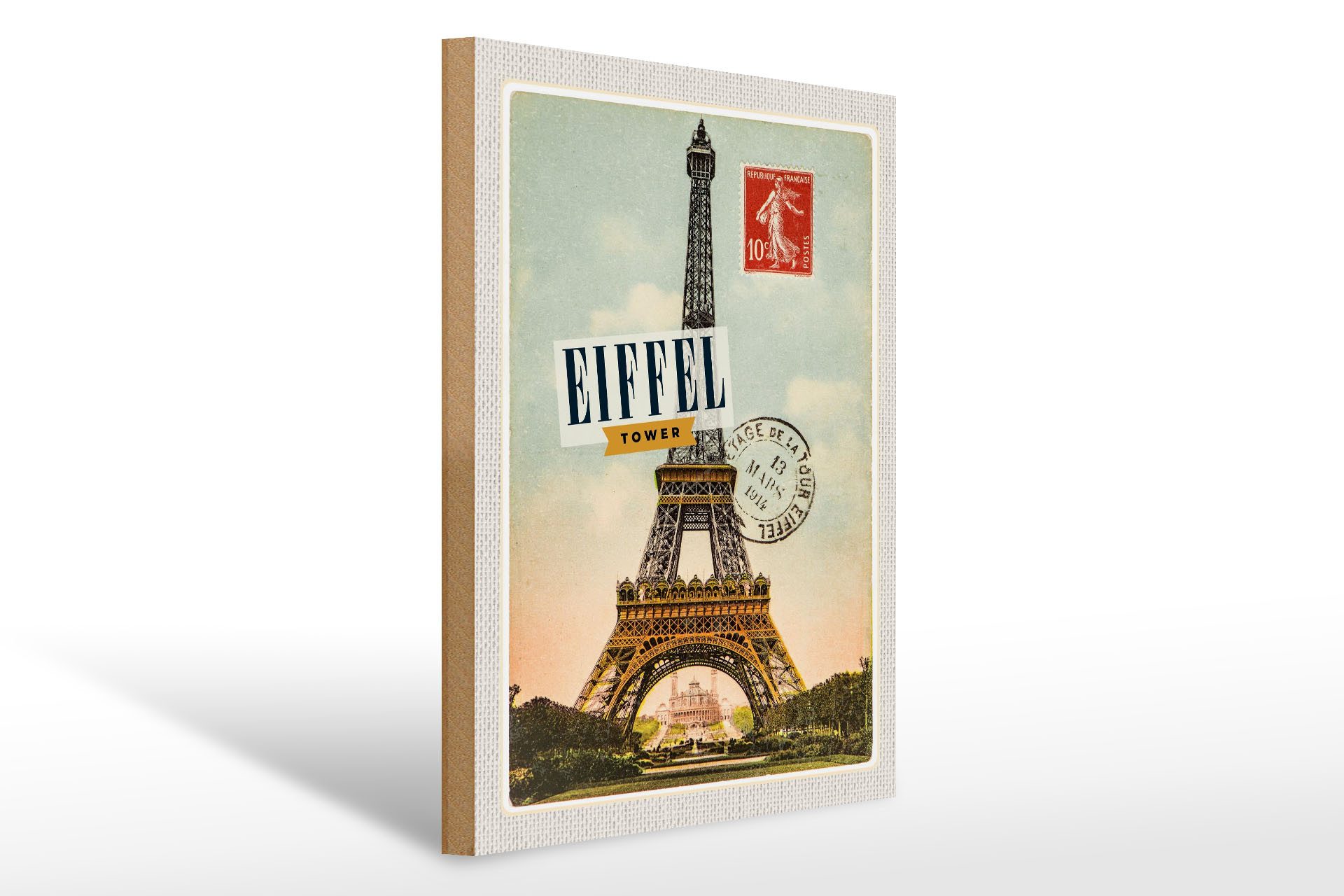 Holzbild Reise 30x40cm Eifel Tower Briefmarkenoptik