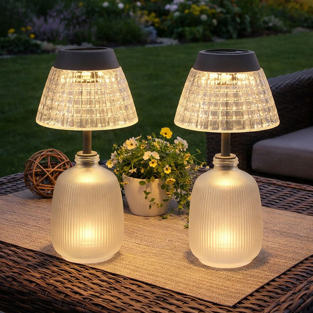 GLOBO LIGHTING Außen-Tischleuchte, Leuchtmittel nicht inklusive, Warmweiß, Solarleuchte Tischlampe Tischleuchte Gartenlampe Akku Glas 2x