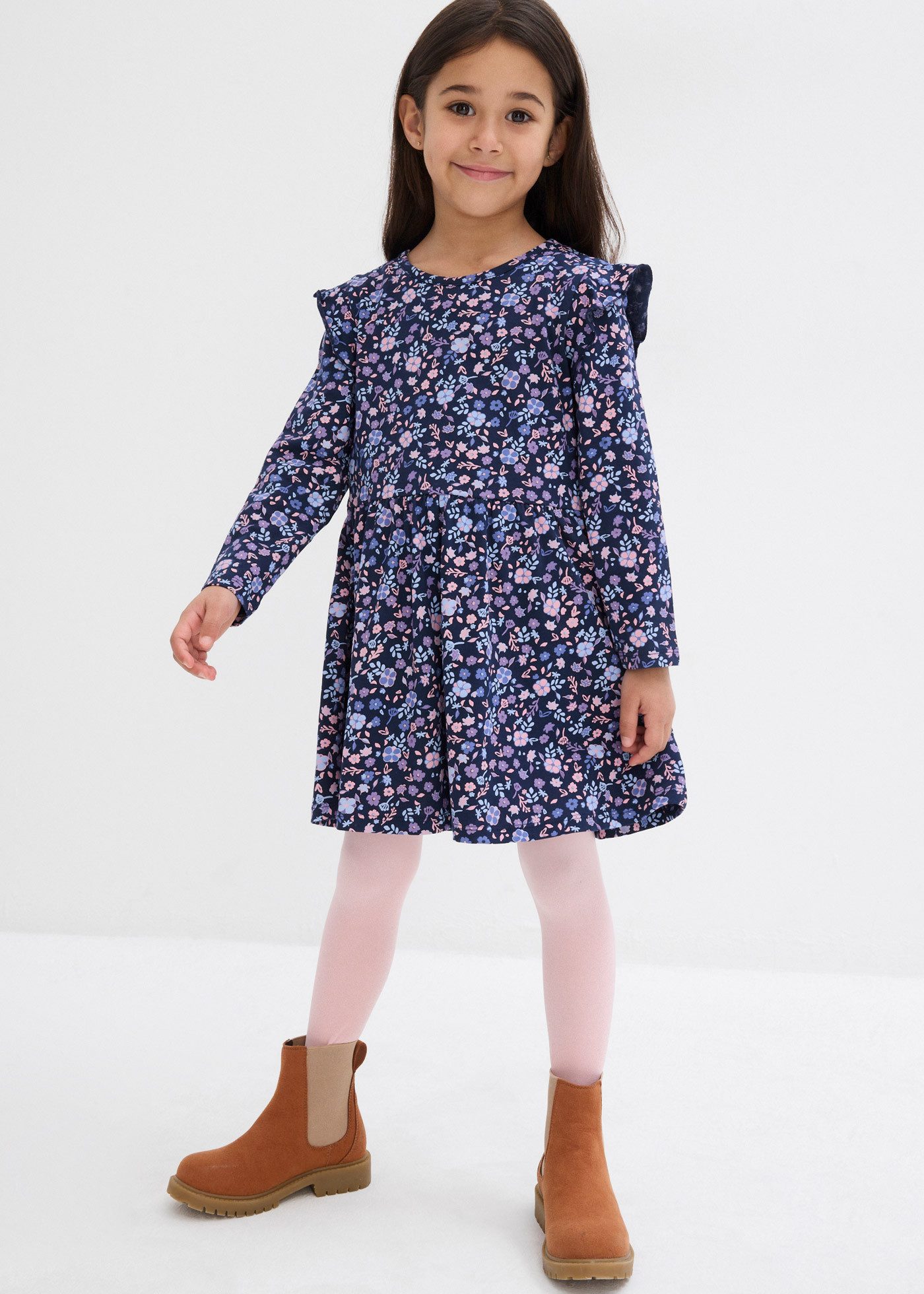 bonprix Jerseykleid aus reiner Baumwolle, mit Blümchenmuster, mit langem Arm