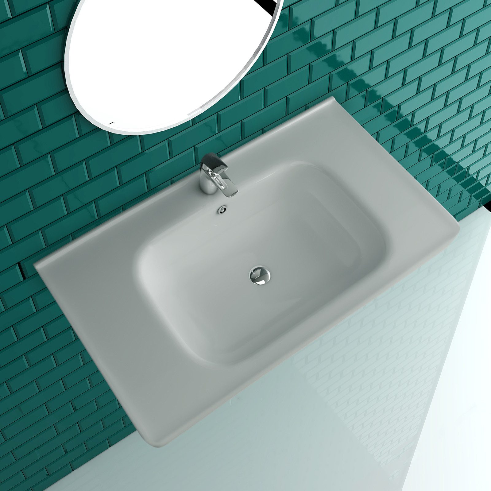 Alpenberger Waschbecken Eckig - Waschtisch Keramik Hängewaschbecken 80 cm Breit (1-tlg., 1-St., mit Überlauf und Hahnloch), Nanobeschichtung, Lotuseffekt