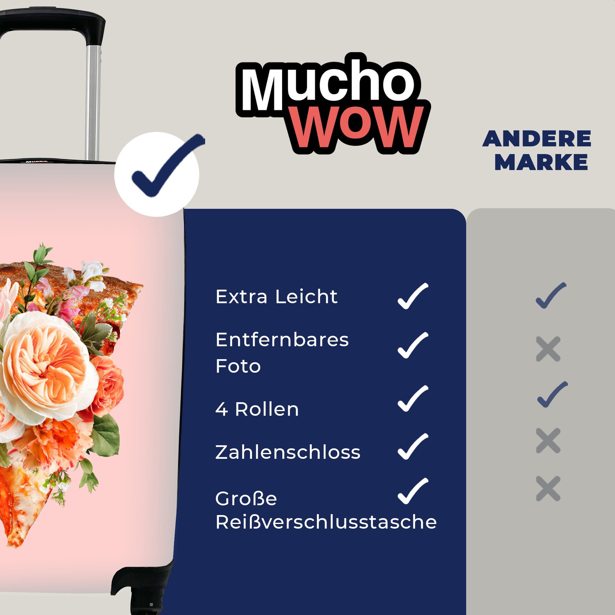 MuchoWow Handgepäckkoffer mit Handgepäck 4 Pizza Rollen, rollen, Reisetasche Stilleben - Reisekoffer Blumen, für - Ferien, Trolley