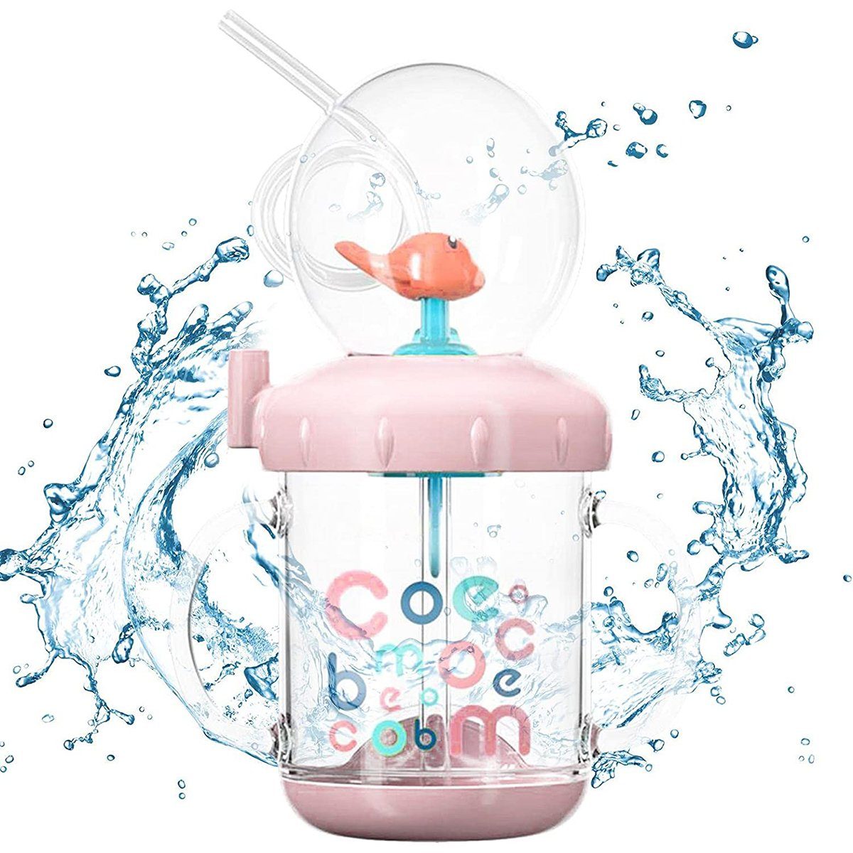 XDeer Babyflasche 220ML/350ml Wasserflaschen Trinklernbecher Schnabeltassen Baby Kleinkinder Plastikbecher, für mit Süße Rosa Cartoon-Wal Strohhalm