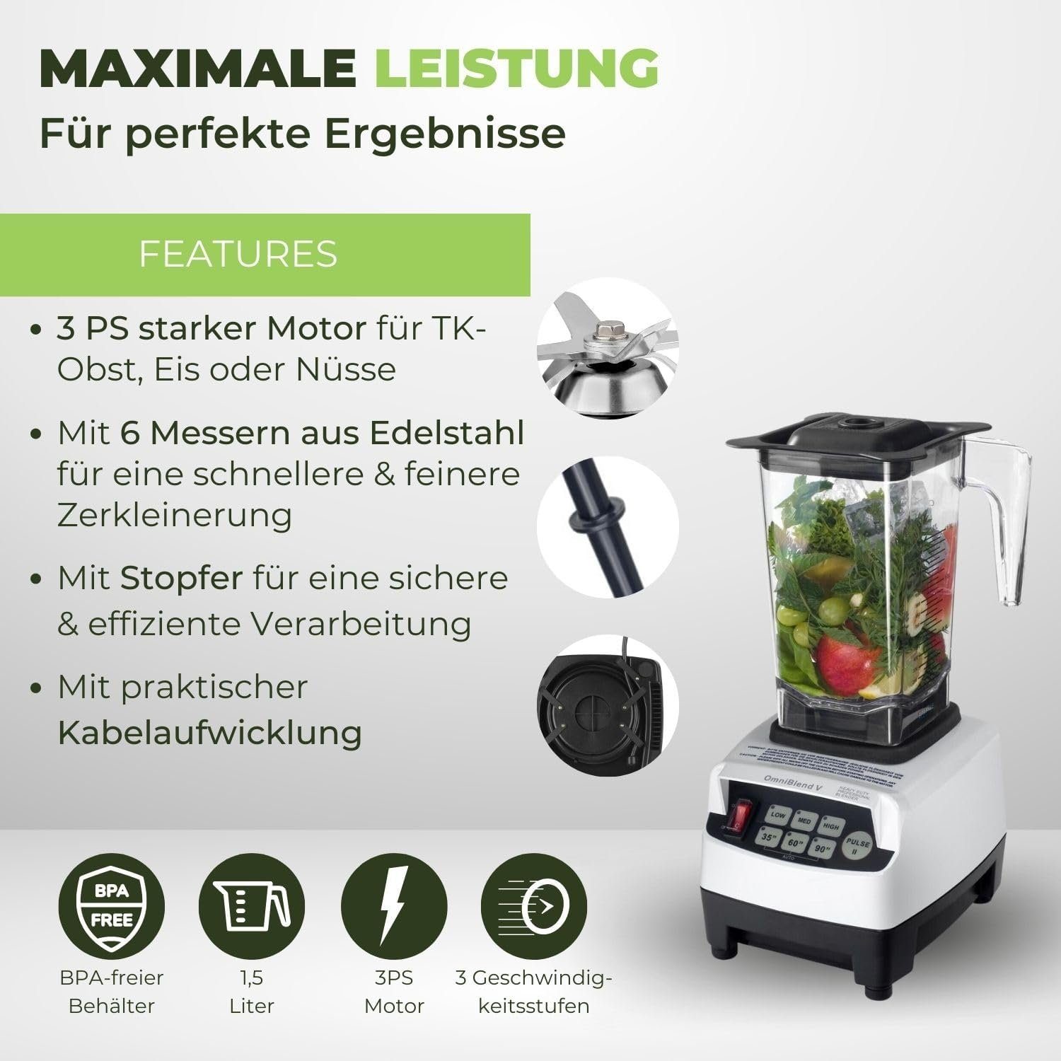OmniBlend Standmixer JTC Omniblend V Hochleistungsmixer Standmixer Smoothiemaker 1,5Liter, 1200,00 W