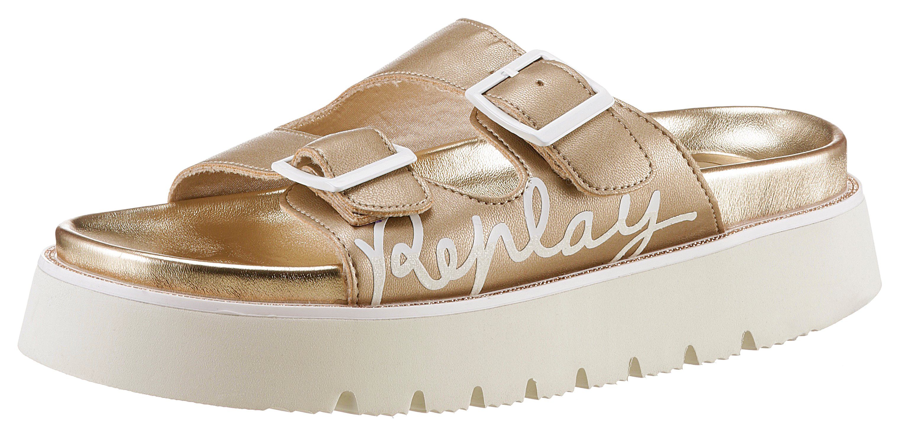 Replay MUDDY SHINE Pantolette, Plateau, Sommerschuh, Schlappen im trendigen Metallic-Look