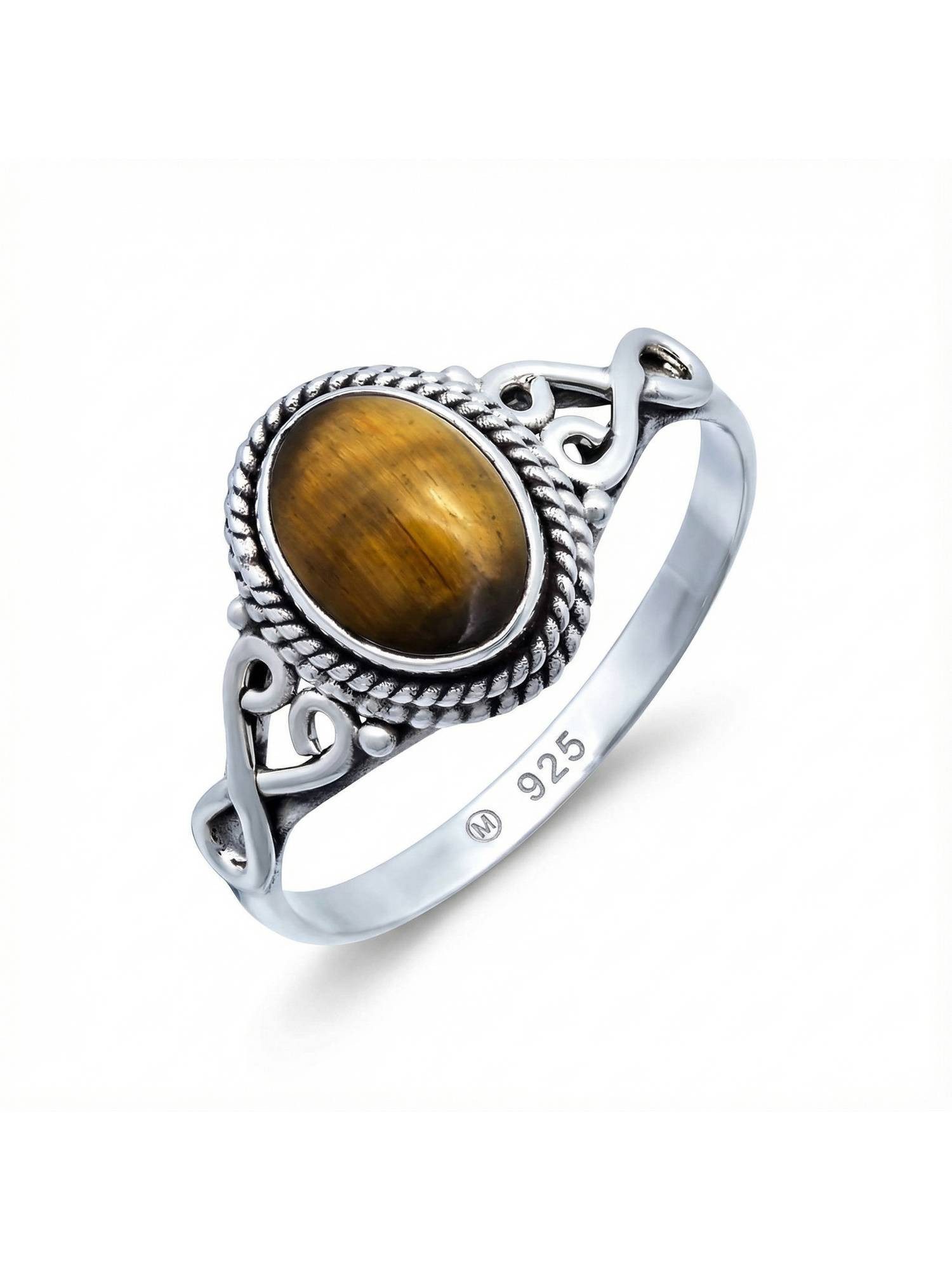 mantraroma Silberring BAGHIMI oval aus 925 Silber mit Tigerauge (Ring mit Schmuckbeutel), Damenring aus 925er Silber