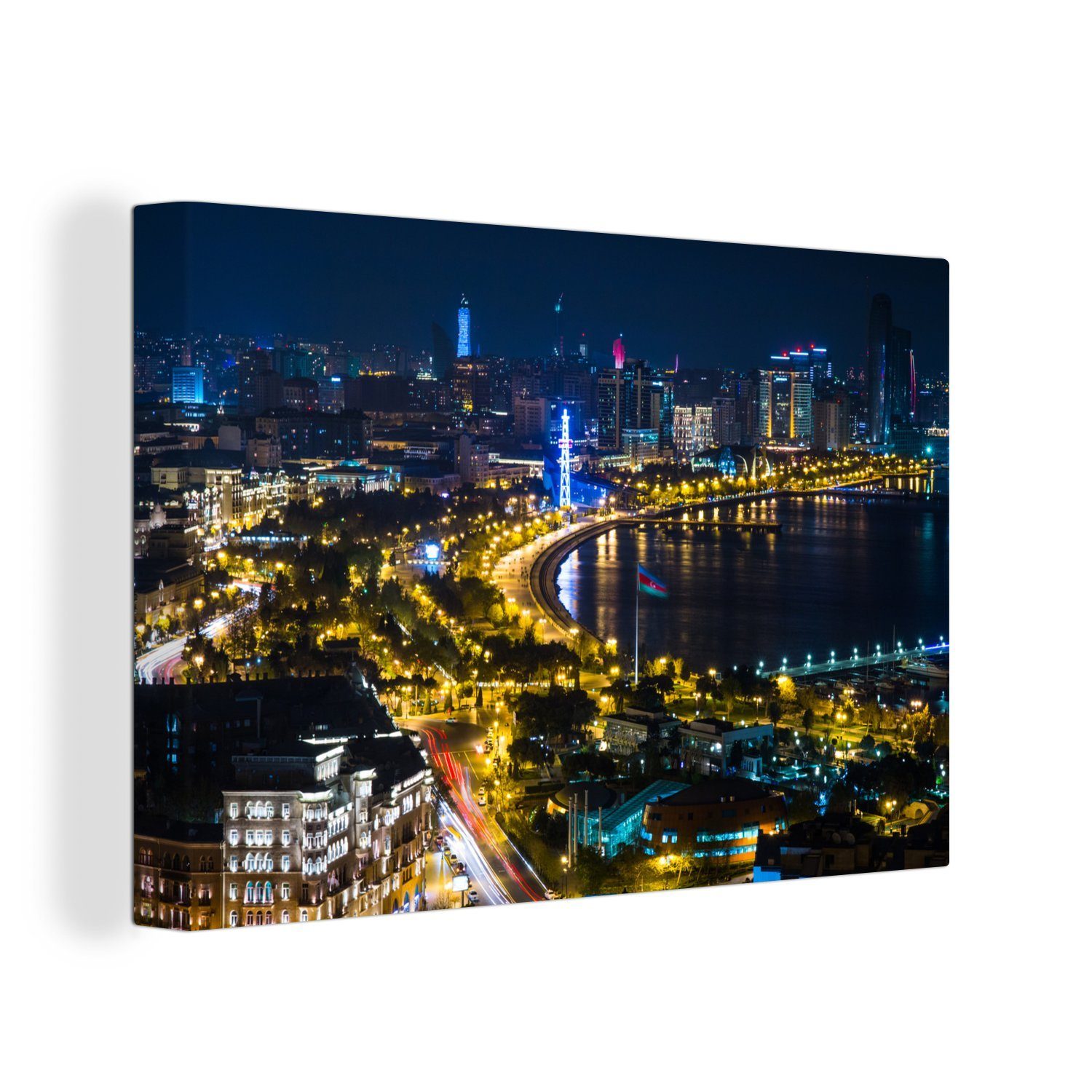 OneMillionCanvasses® Leinwandbild Die beleuchtete Stadt Baku und die Bucht in Asien bei Nacht, (1 St), Wandbild Leinwandbilder, Aufhängefertig, Wanddeko, 30x20 cm