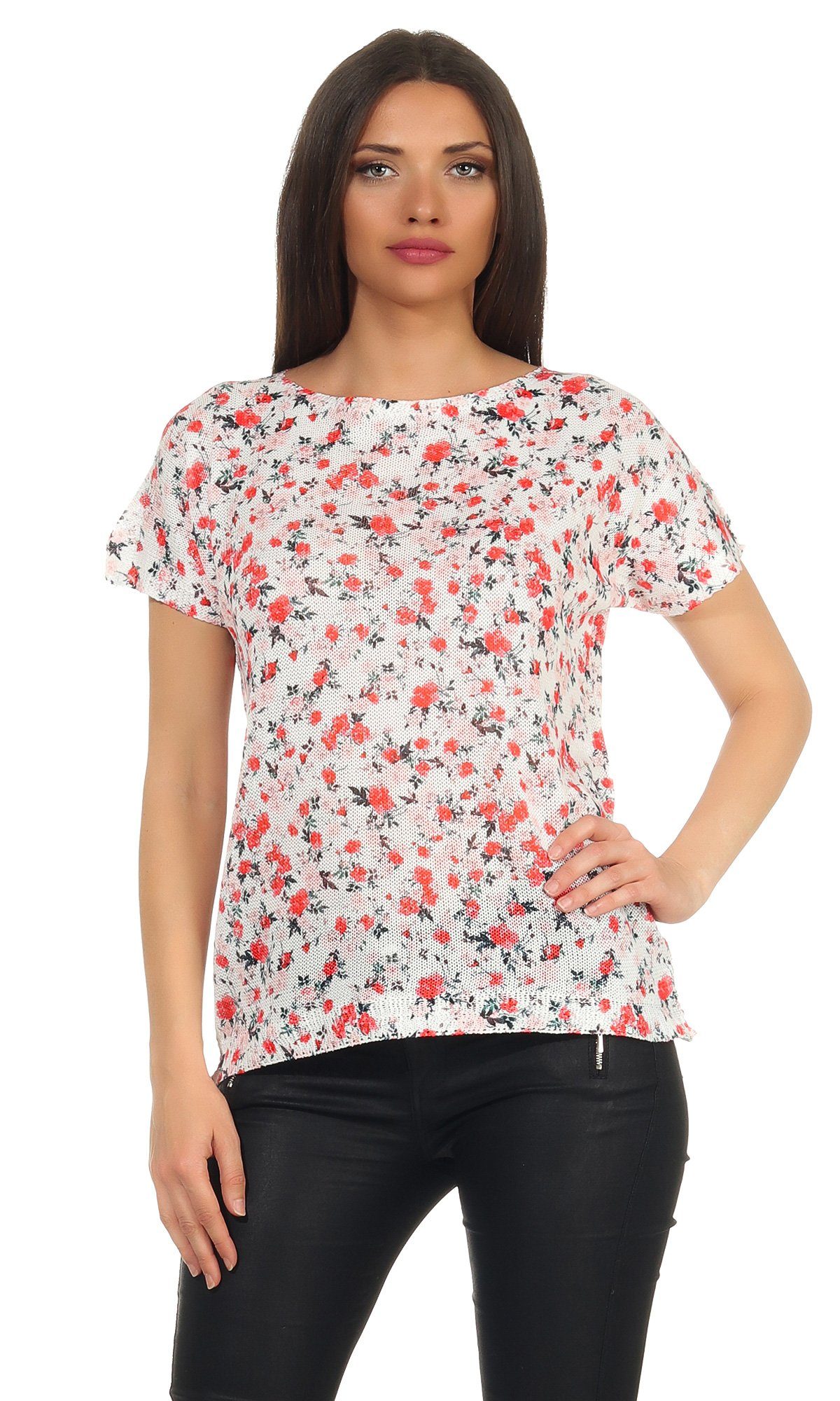 320 Tshirt mit Blumen Mississhop Shirt Bluse Print-Shirt Damen weißes