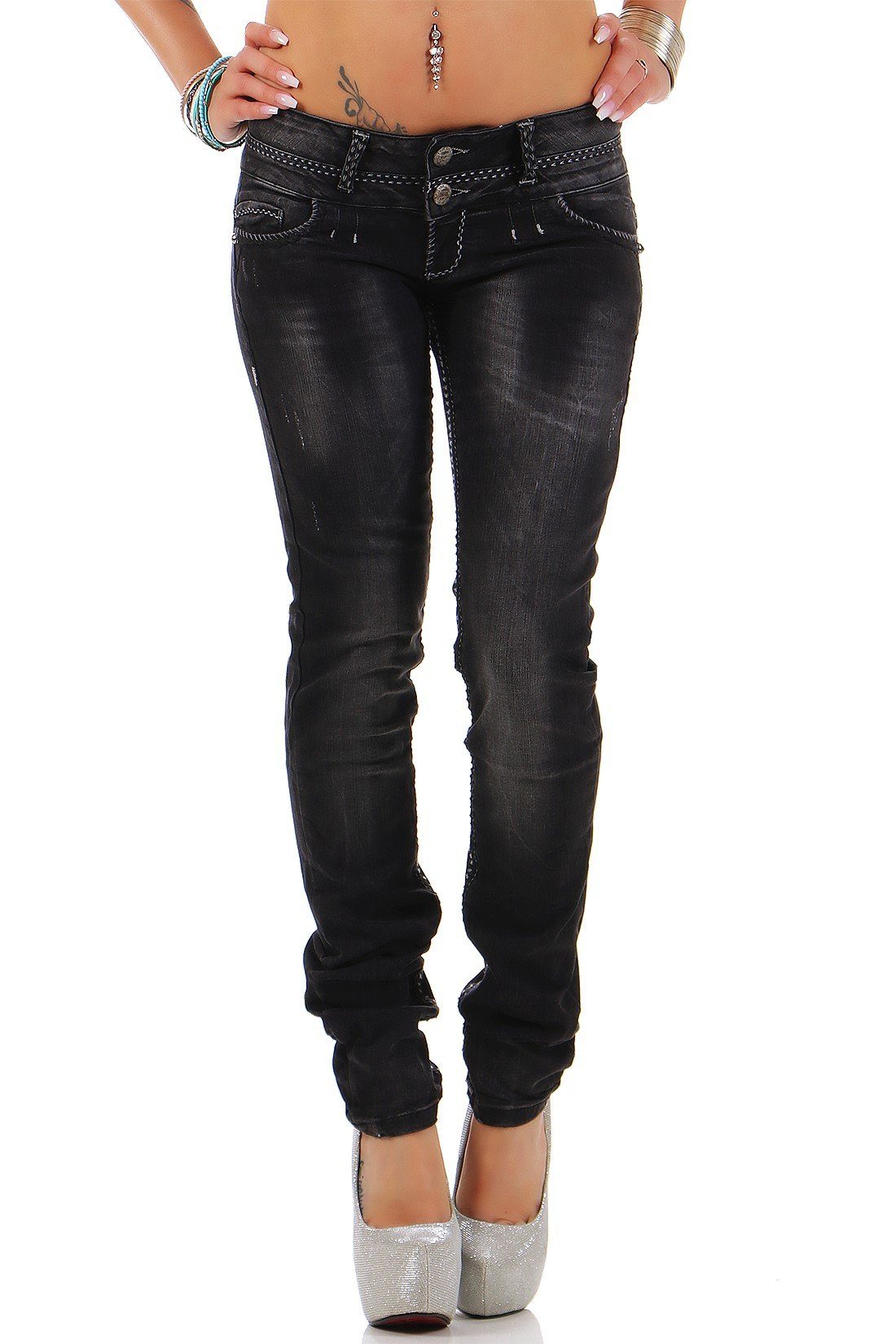 Cipo & Baxx Slim-fit-Jeans Damen Slim Fit Hose Stonewashed BA-CBW0655 mit Dicken Nähten und Destroyed-Effekten