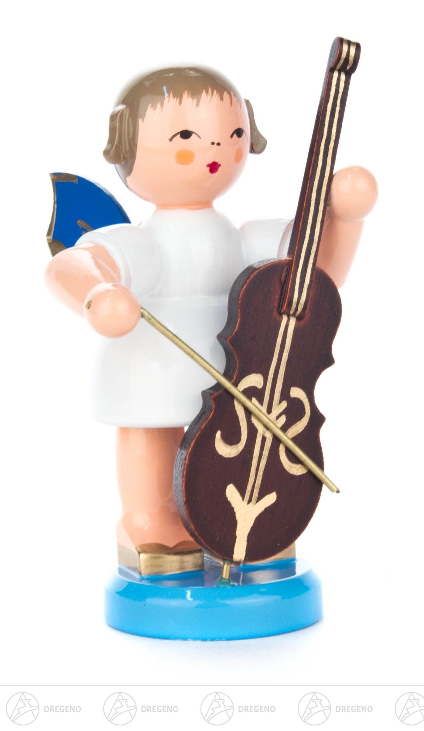 Dregeno Erzgebirge Engelfigur Engel mit Cello stehend groß, blaue Flügel Höhe ca 9 cm NEU