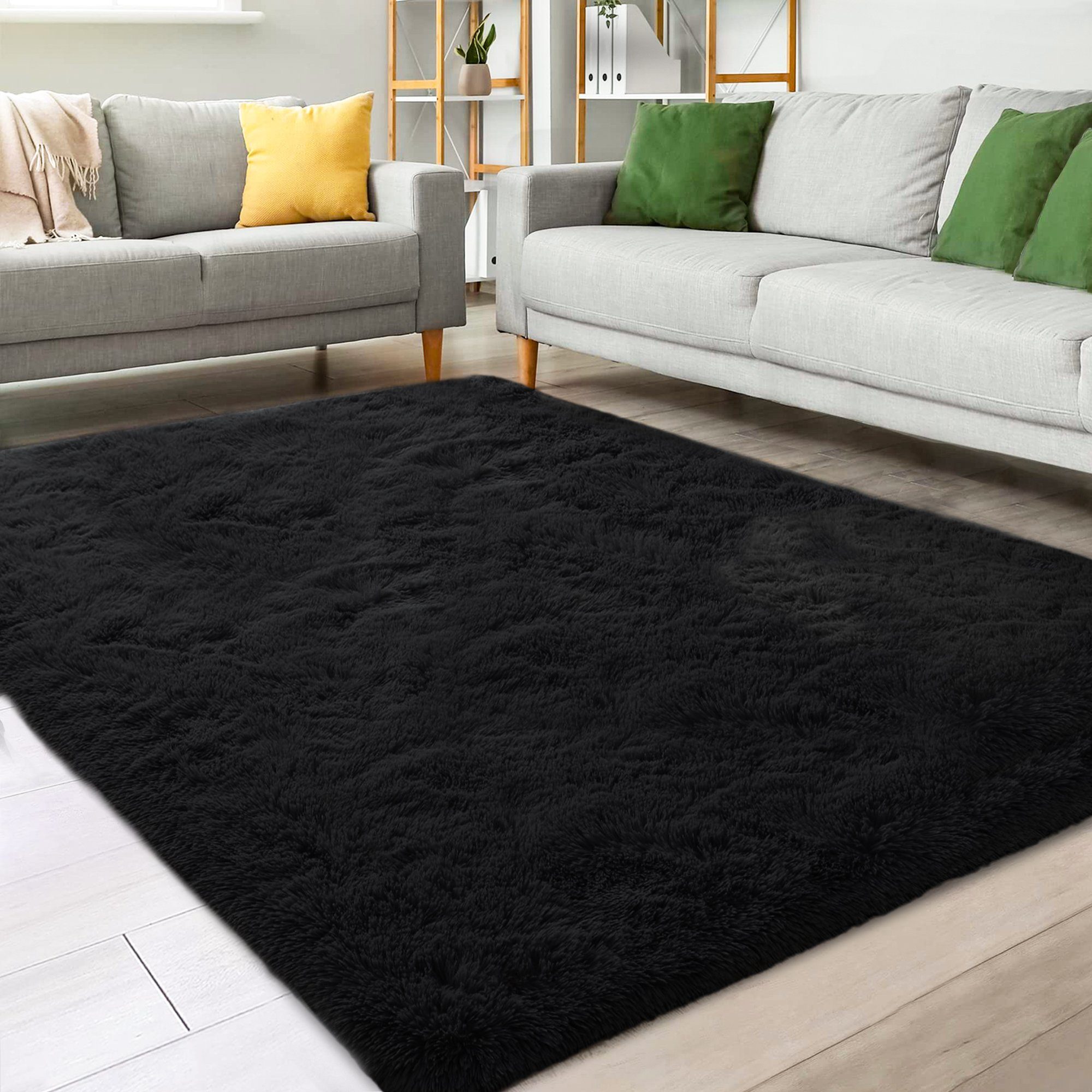 Schlafzimmer, 43 cm Home Teppich dick, Deko uni, Hochflor, Boden Höhe: Langflor Flauschig Teppich, rechteckig, 243,8x152,4 weich Wohnzimmer, Teppich, Home warm, Robuster Schwarz NEFOSO, mm,