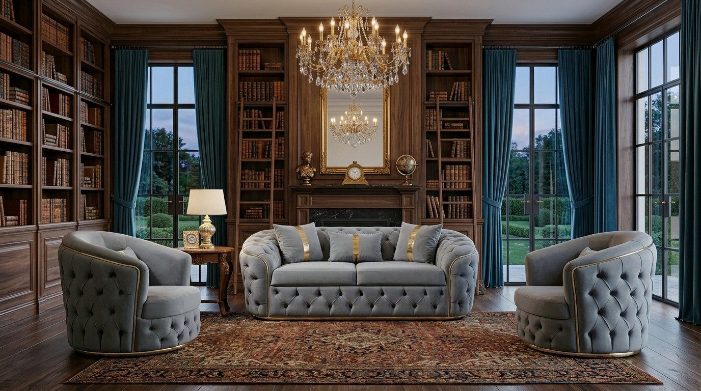 JVmoebel Chesterfield-Sofa Modernes Blaues Chesterfield Wohnzimmer Set 3+1+1 Sitzer, 3 Teile, Made in Europa