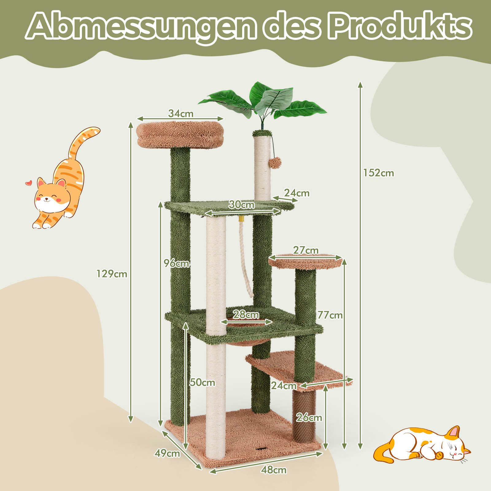 KOMFOTTEU Kratzbaum, mit künstlichen Blättern, Sitzplattform, Hängematte, Sisalpfosten