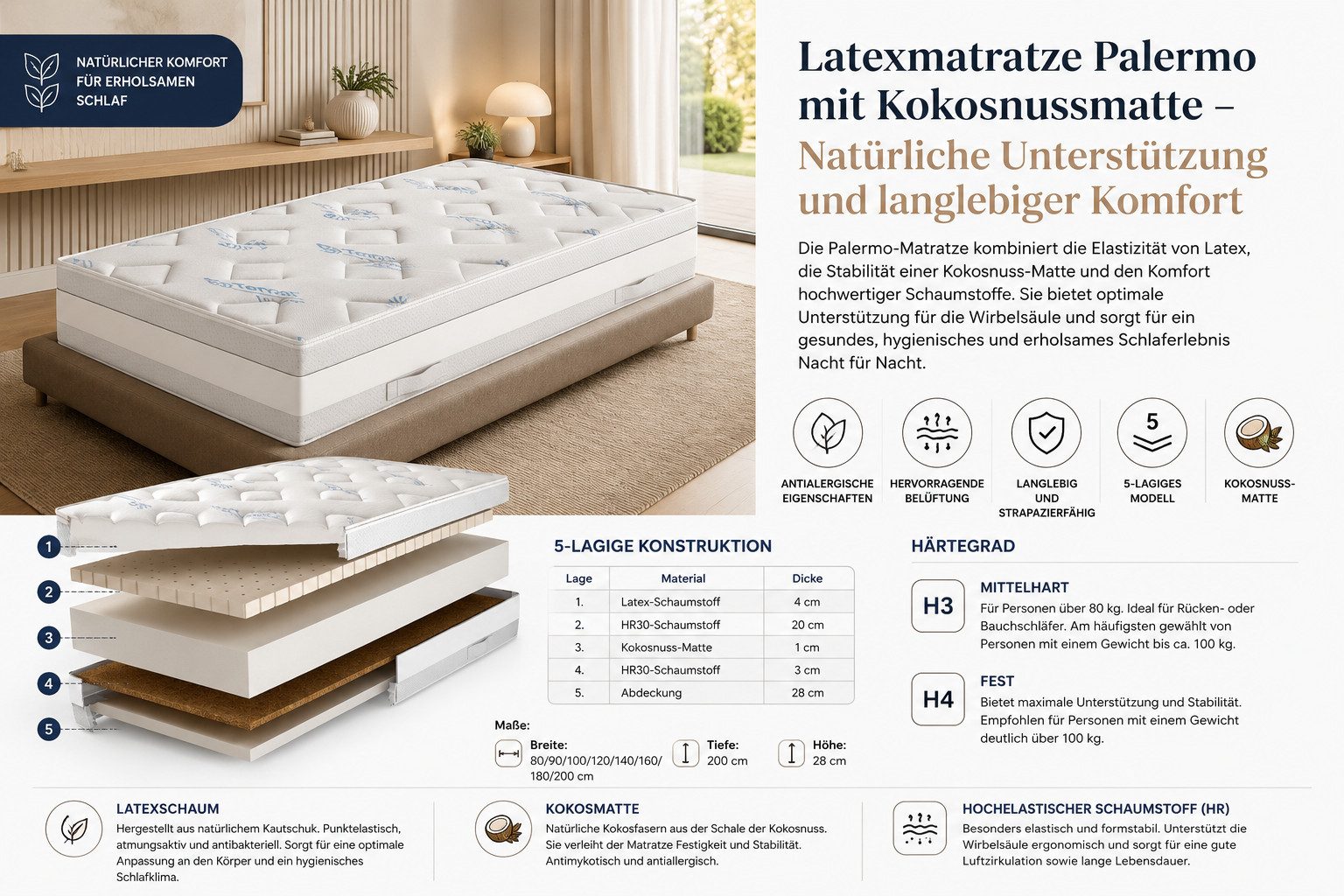 Latexmatratze mit Kokosnussmatte Palermo, Kaiser Möbel, 5-lagiges Modell; Kokosnuss-Matte; langlebig und strapazierfähig