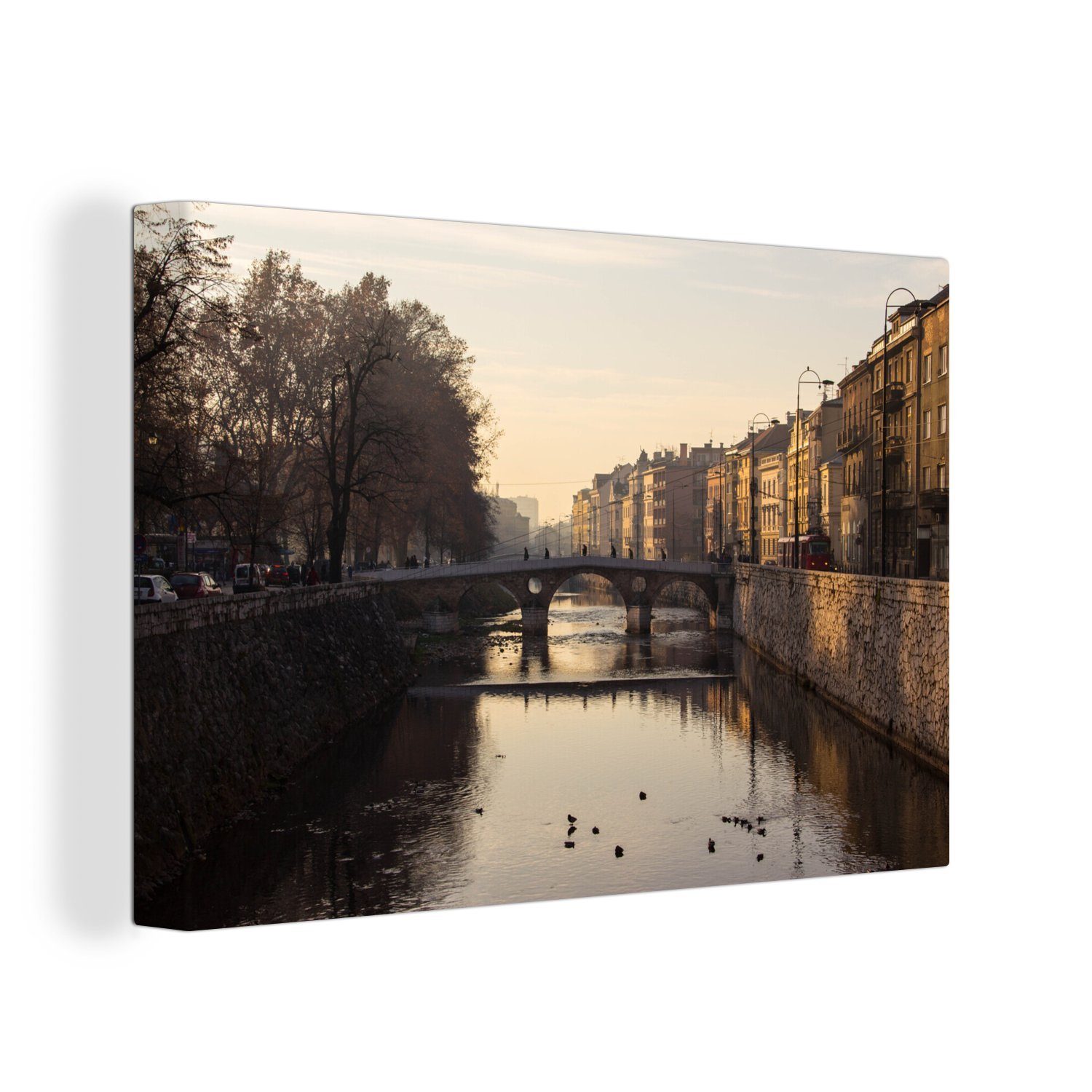 OneMillionCanvasses® Leinwandbild Die Brücke über die Miljacka in Sarajevo Bosnien, (1 St), Wandbild Leinwandbilder, Aufhängefertig, Wanddeko, 30x20 cm
