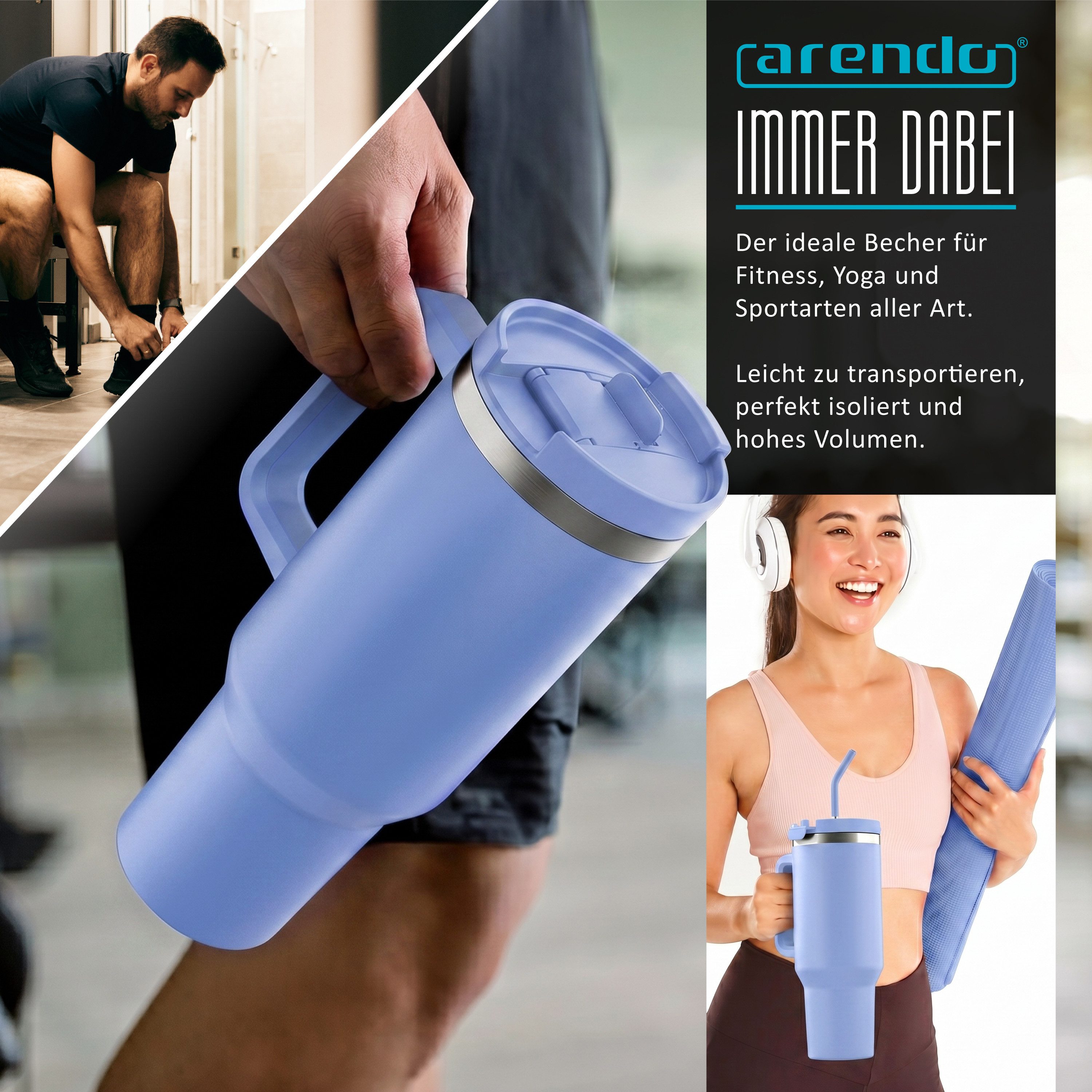 Arendo Thermobecher Tumbler 1200 ml, Becher mit Deckel, Henkel und Strohhalm, Thermal Mug, 1-tlg., Edelstahl, kohlensäuregeeignet, auslaufsicher, doppelwandig,  – Bild 5 von 5