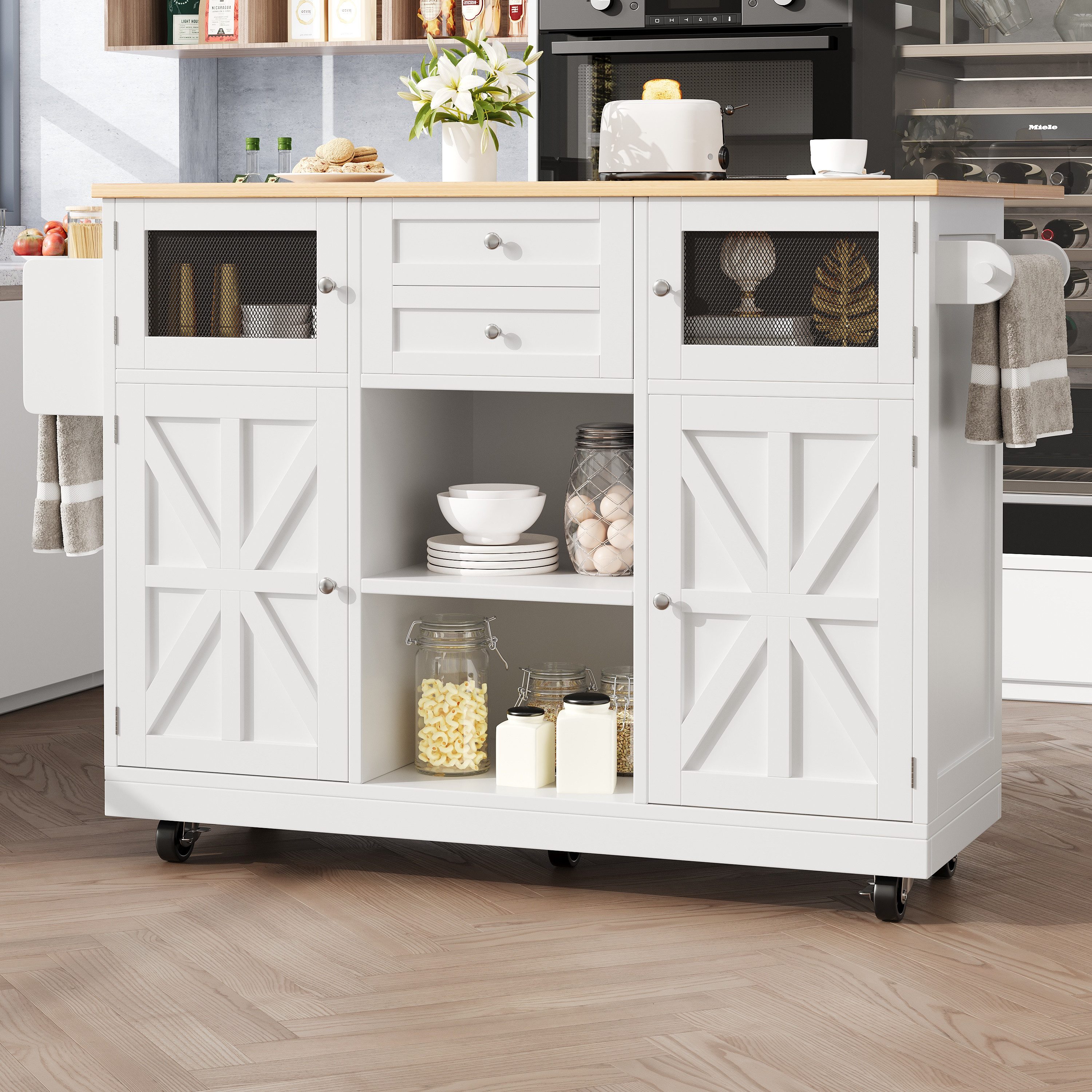 Refined Living Kücheninsel Esszimmerwagen auf Rollen,Küchenwagen mit Arbeitsplatte,Küchenschrank, (Buffetwagen mit Weinregal und Handtuchhalter, klappbare Seitenwände, mit Schublade & Türen, Esszimmerwagen Kücheninsel mit Arbeitsplatte Küchenwagen mit Weinrega, Küchenmöbel, Küchenwagen klappbar, Mobiler Weinschrank), beweglicher Servierwagen für Küche, Wohnzimmer & Esszimmer