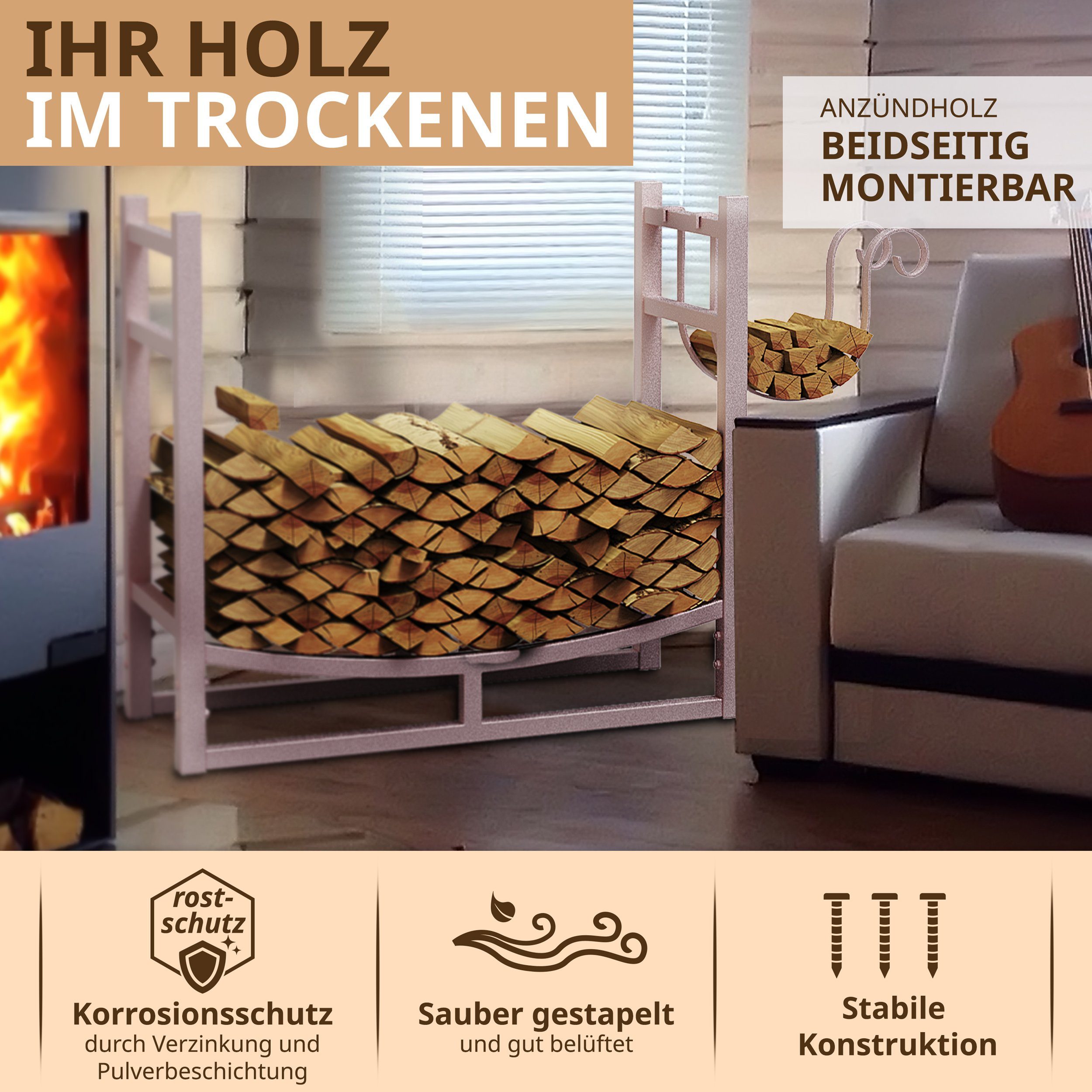 LAWA Living and Lifestyle Kaminholzregal innen Metall Feuerholzregal außen Kaminholzhalter Stapelhhilfe, BxTxH:84x33x76 cm, verzinkt / galvanisiert, pulverbeschichtet