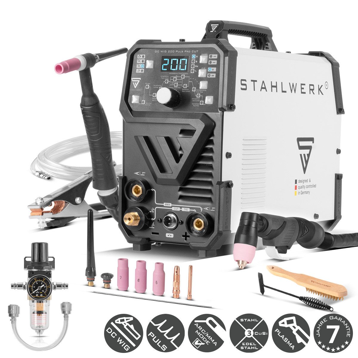 STAHLWERK Inverterschweißgerät 4-in-1 Kombi-Schweißgerät DC WIG 200 Puls Pro CUT, 10 - 200 A, Packung}, 11-tlg., Einzelgerät, 4-in-1 Kombi-Schweißgerät DC WIG 200 Puls Pro CUT, digitaler 200 A