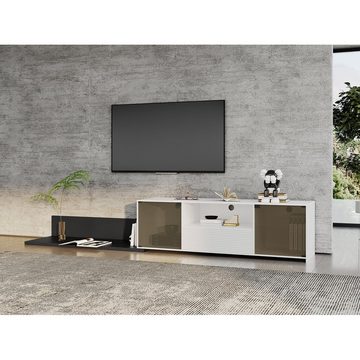 WISHDOR TV-Schrank TV-Ständer mit L ED-Beleuchtung (für einen 60-Zoll-Fernseher, marmorgeäderter Tischplatte und elegantem Glasdesign) Mit 2 Türen, 1 Schublade und 1 offenem Fach