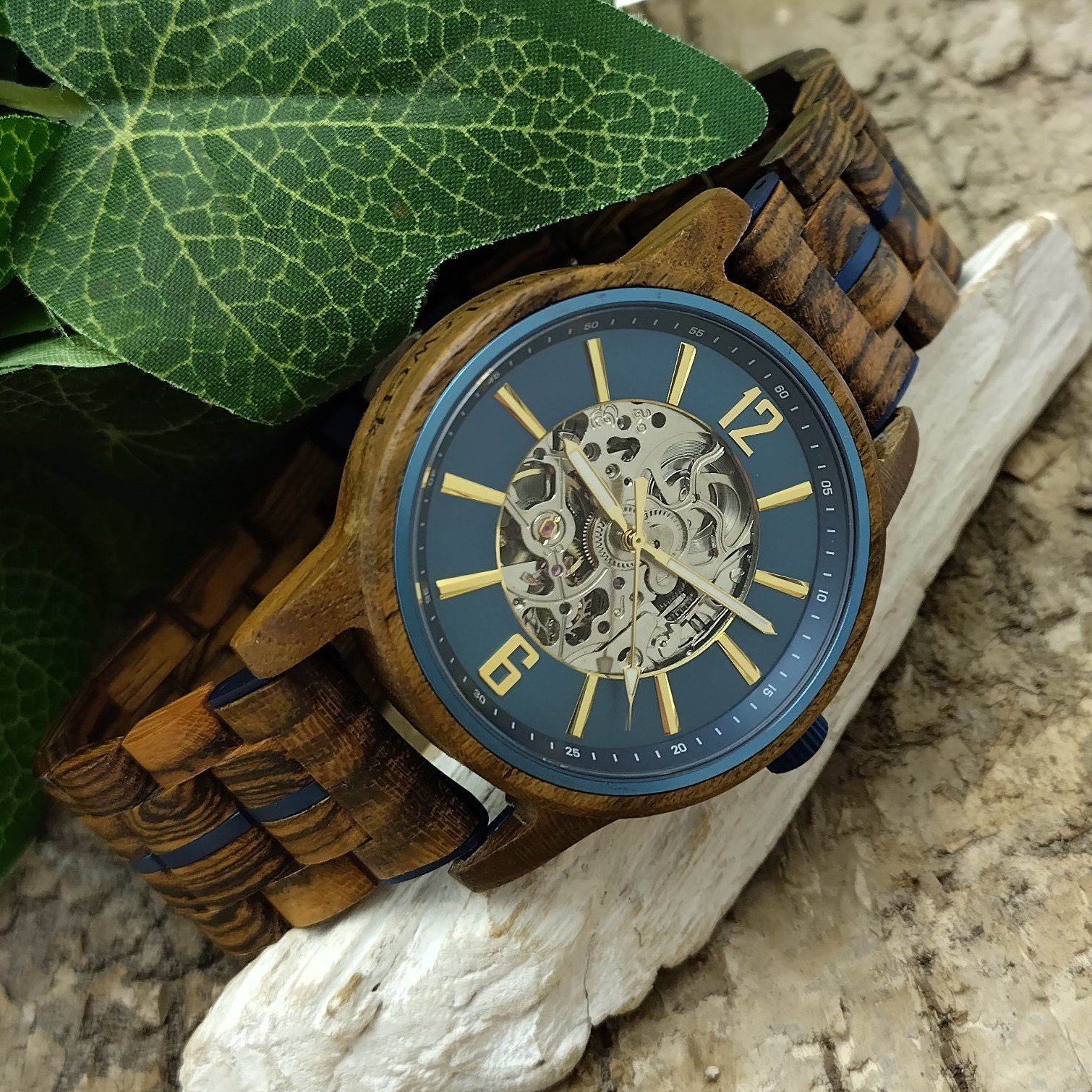 gold Herren Holz Armband Automatikuhr blau, Uhr Edelstahl CRIVITZ braun, & Holzwerk in