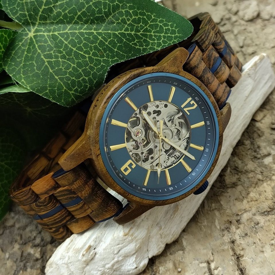 Holzwerk Automatikuhr CRIVITZ Herren Edelstahl & Holz Armband Uhr in braun,  blau, gold