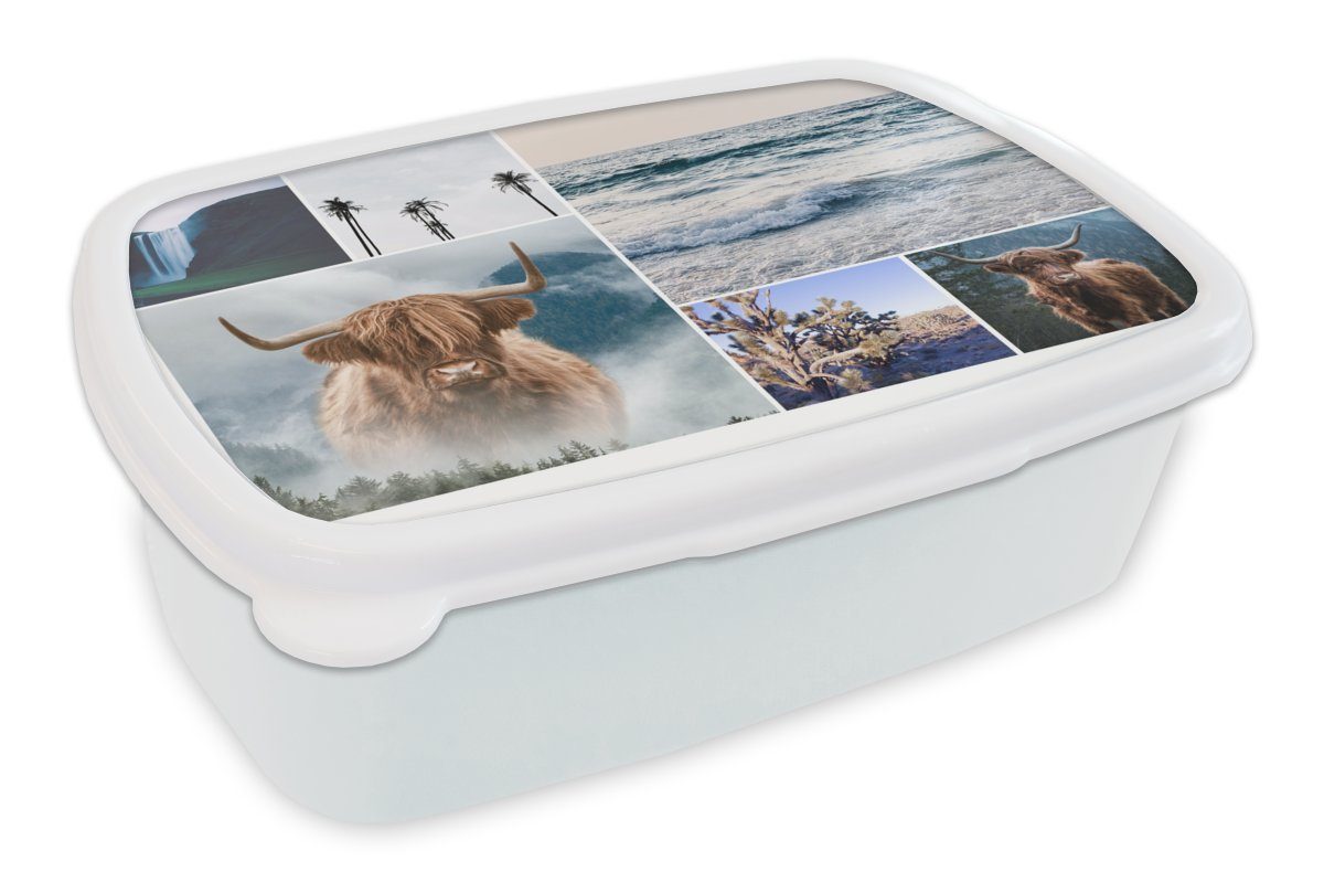 MuchoWow Lunchbox Schottischer Highlander - Collage - Wasserfall - Palme, Kunststoff, (2-tlg), Brotbox für Kinder und Erwachsene, Brotdose, für Jungs und Mädchen weiß